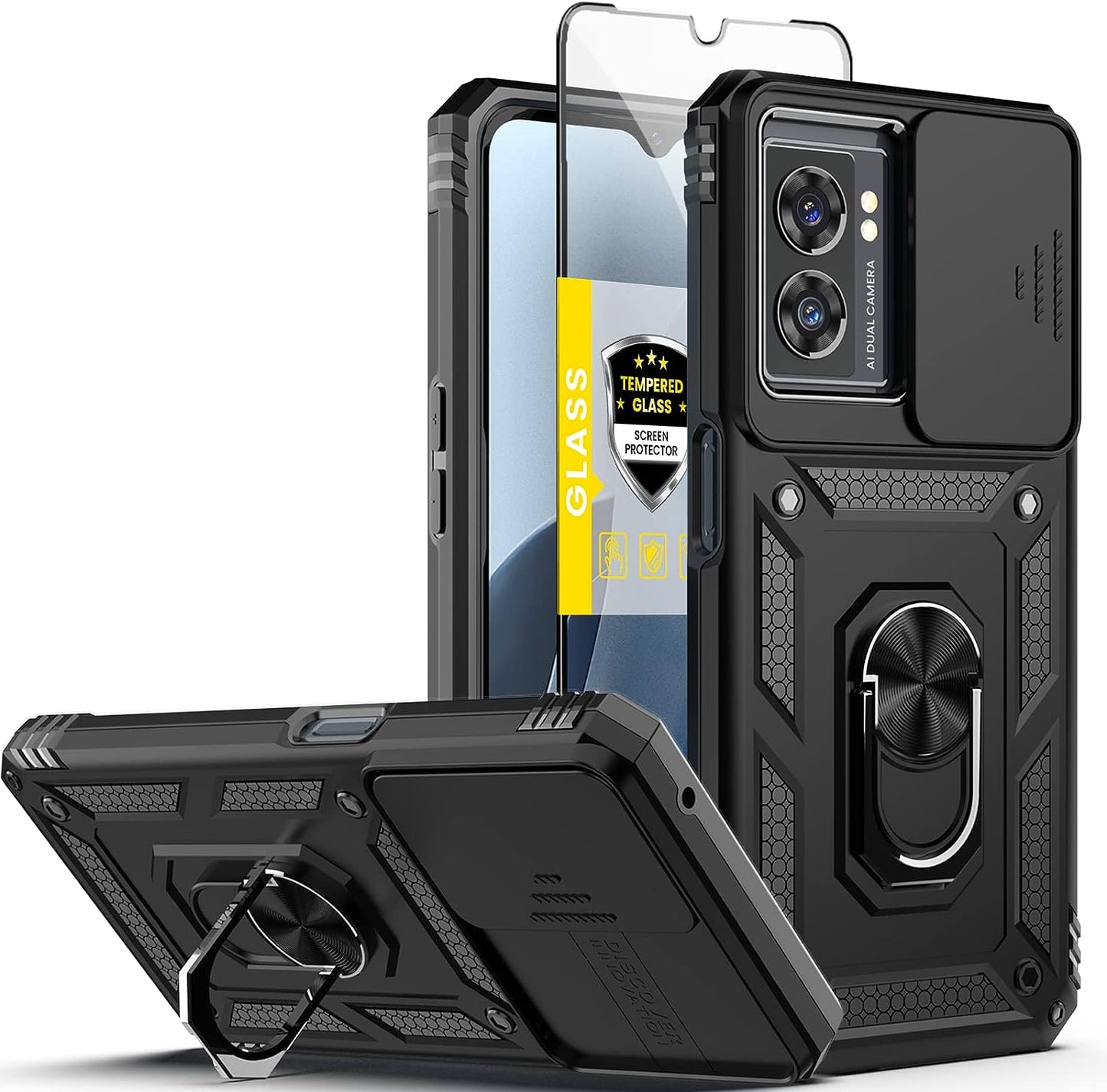 Oneplus Nord N300 5G Heavy Duty Armor Case + Tempered Glass, Shockproof Rugged Military Grade with Kickstand & Lens Protector - Red  Dretal Black Oneplus Nord N300 5G 