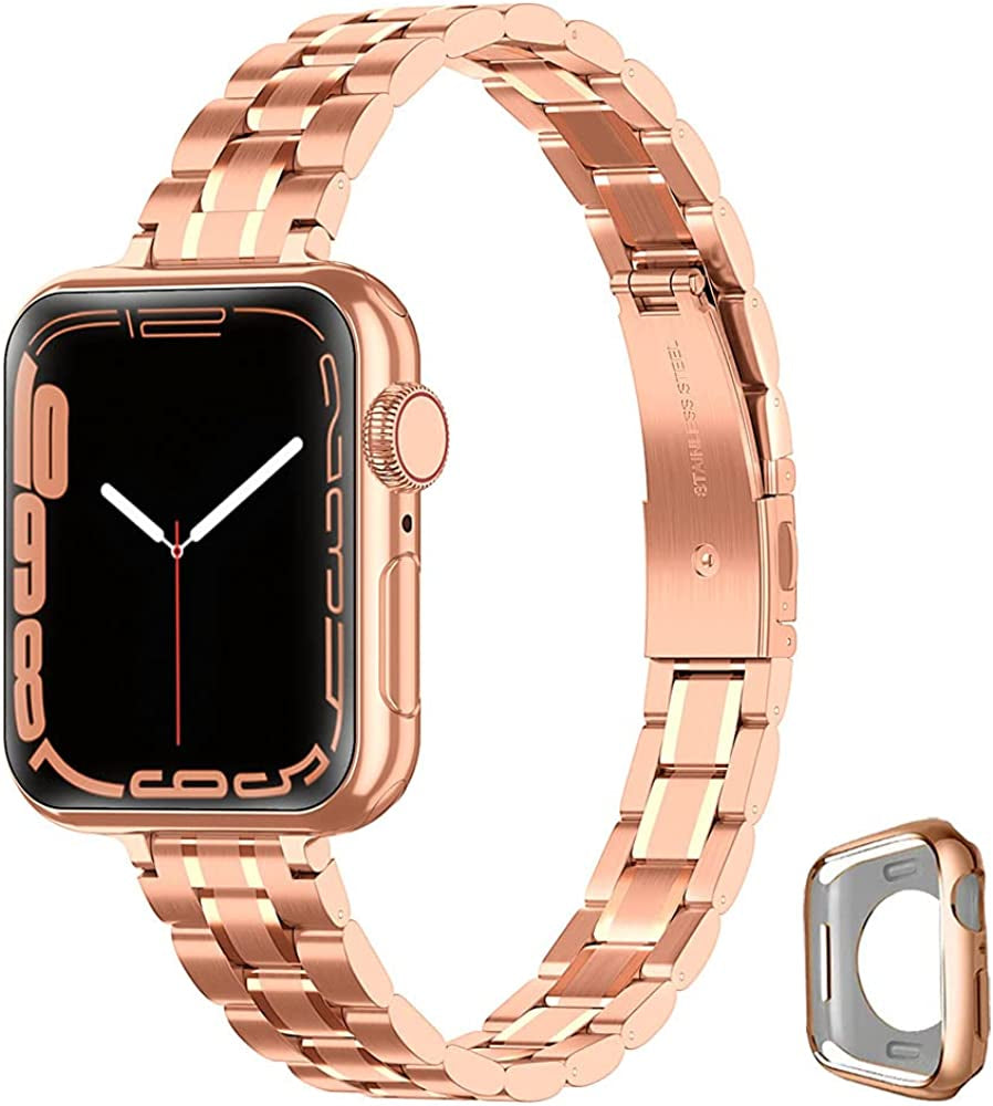 CSJCUBIC Metal Band Compatible with Apple Watch Band 38Mm 40Mm 41Mm 42Mm 44Mm 45Mm for Women, Slim and Thin Stainless Steel Replacement Adjustable Wristband for Iwatch Series 8/7/6/5/4/3/2/1/SE  CSJCUBIC Rose Gold 42mm/44mm/45mm 