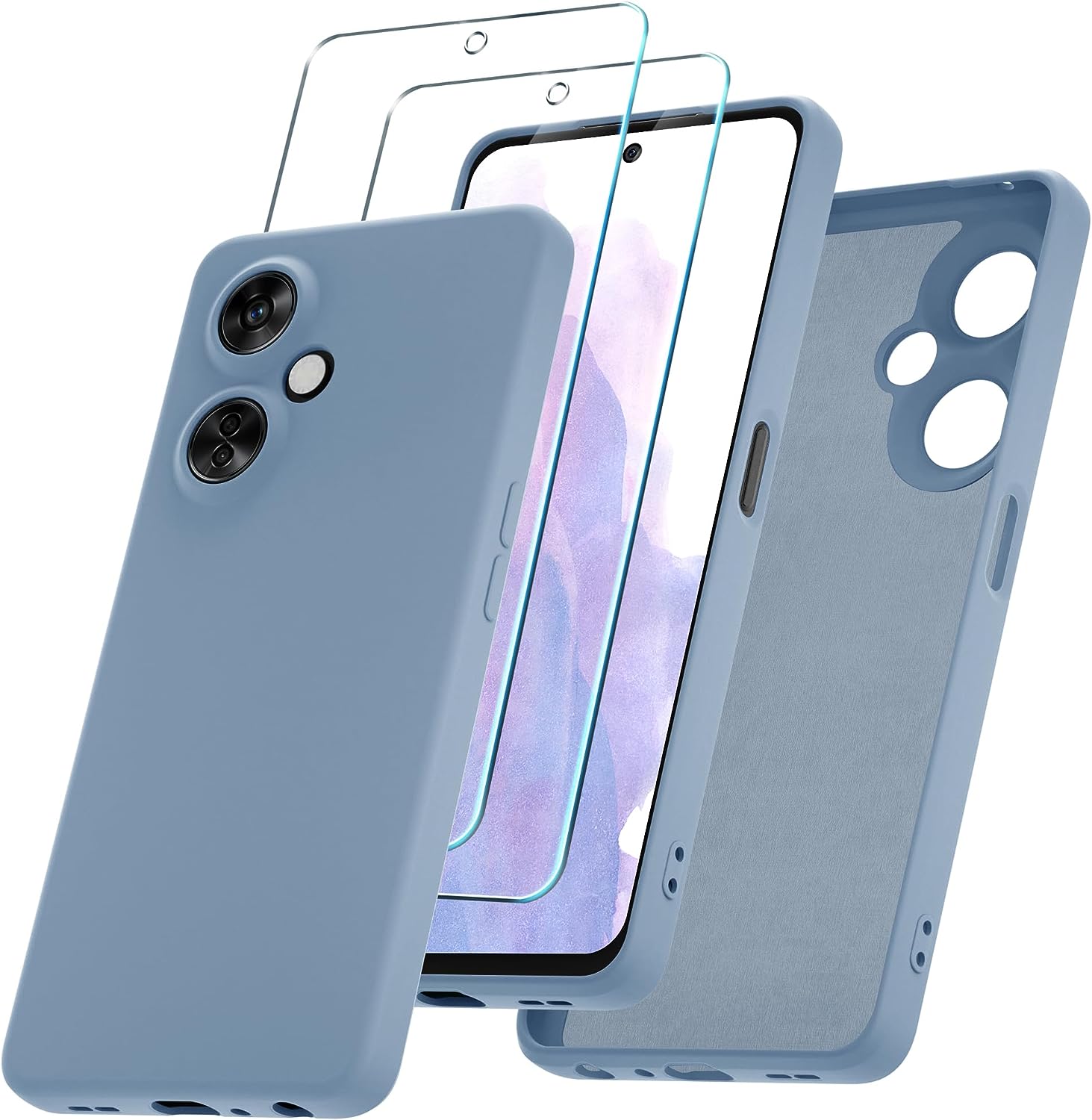 YENAPOON for Oneplus Nord N30 5G Case and 2 Pack Tempered Glass Screen Protector, Slim Liquid Silicone Shockproof Protective Case - Navy Blue  YENAPOON Light Purple  