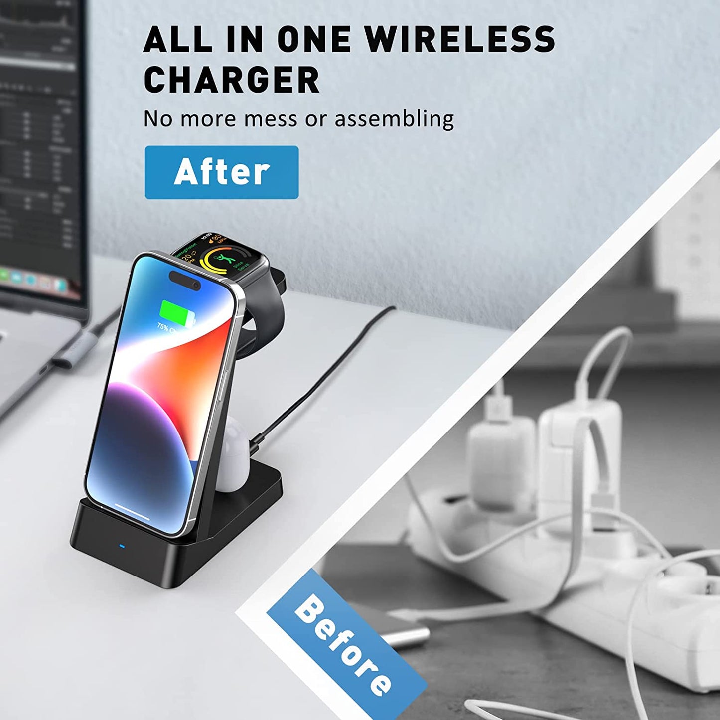 Wireless Charging Station, 18W Fast Wireless Charger for Iphone 14/13/12/11/Pro/Max/Se/Xs/Xr/X/8 Plus/8, 3 in 1 Wireless Charging Dock Stand for Apple Watch Series & Airpods (With Adapter)  Fuvuan   