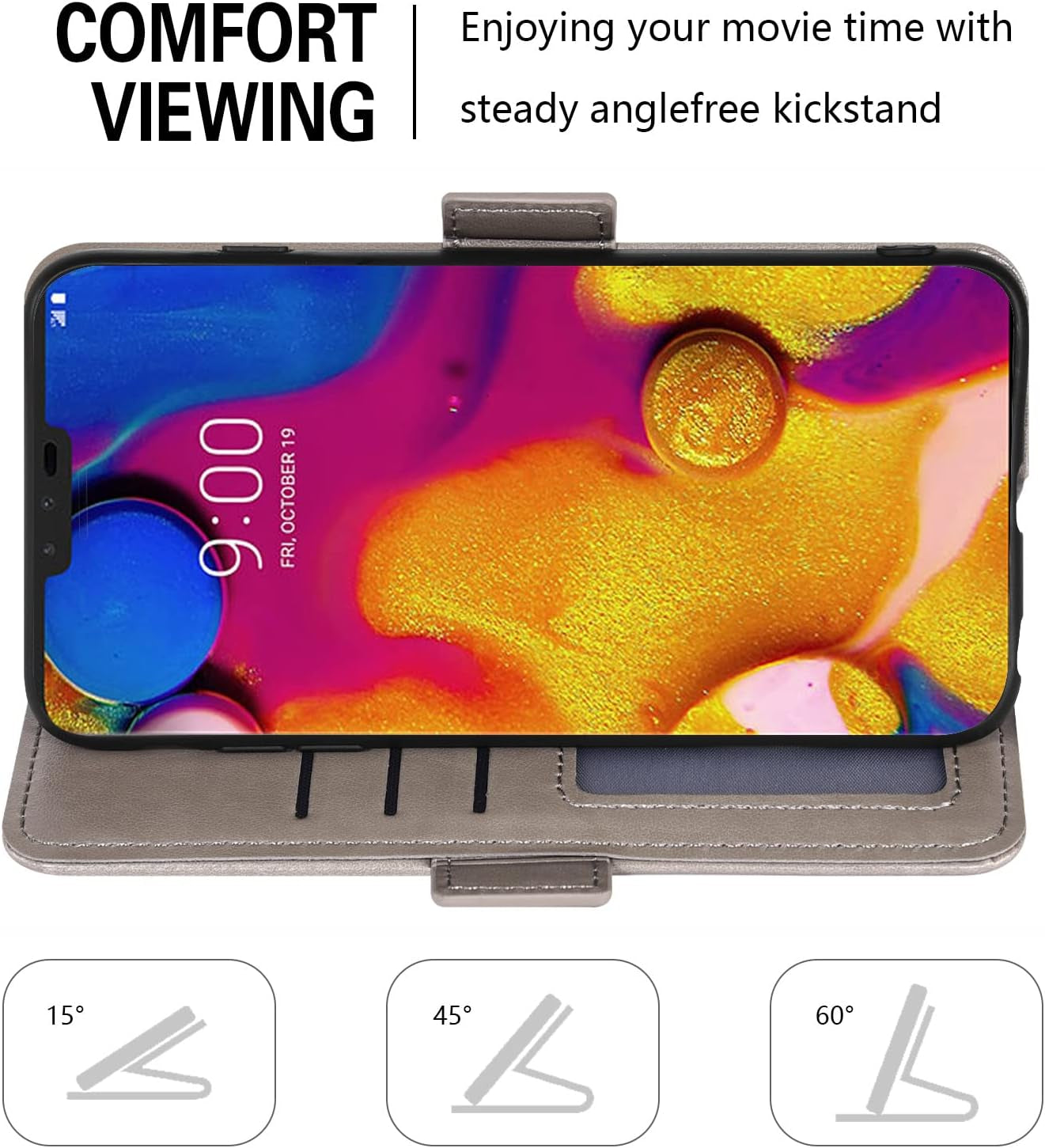 Asuwish Compatible with LG V40 Thinq Wallet Case and Tempered Glass Screen Protector Flip Wrist Strap Card Holder Cell Phone Cover for LGV40 Storm V 40 Thin Q V40Thinq LG40 40V 40Thinq Women Men Grey  Asuwish   