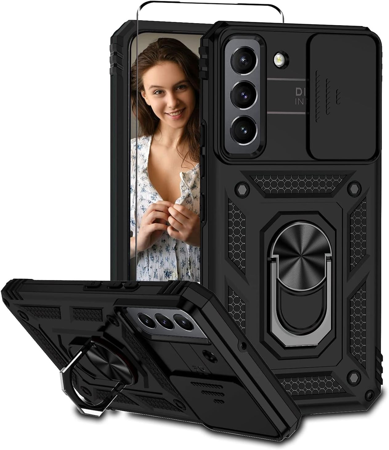 Compatible with Samsung Galaxy S22 Case with Screen Protector and Slide Camera Cover Military Grade Shockproof Heavy Duty Kickstand Bumper Car Mount Full-Body Protective for Samsung S22 Case -Silver  LEZYWONE Black  