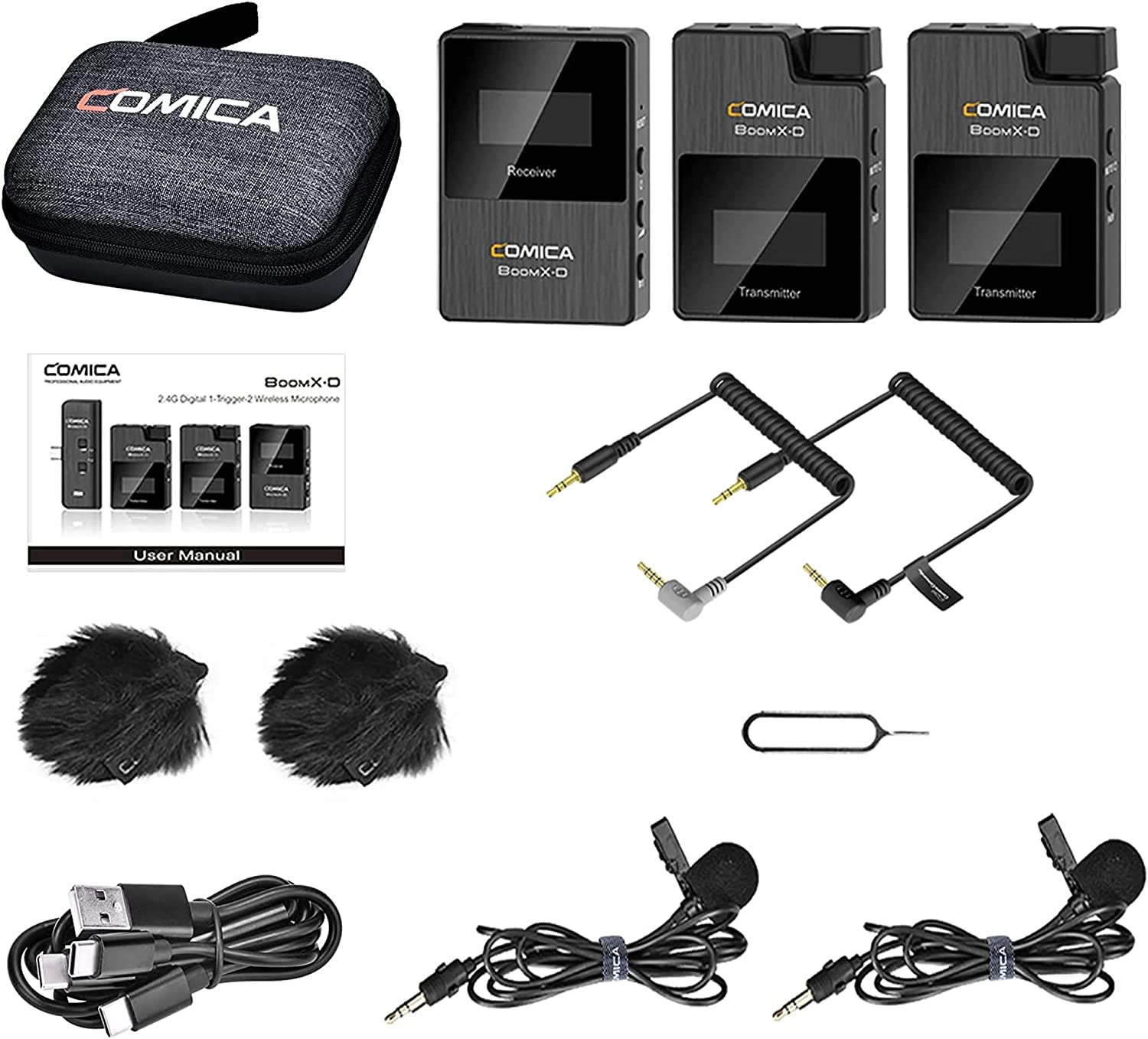 Comica Wireless Lavalier Microphone, Boomx-D2 2.4G Compact Wireless Lapel Microphone System with 2 Transmitter and 1 Receiver,Lav Mic for Smartphone Camera Podcast Interview Youtube Facebook Live  comica   
