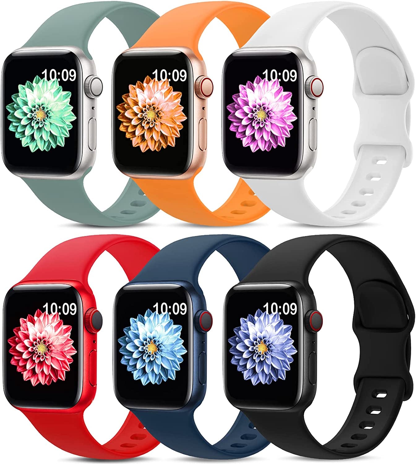 6 Pack Sport Bands Compatible with Apple Watch Band 38Mm 40Mm 41Mm 42Mm 44Mm 45Mm 49Mm,Soft Silicone Waterproof Strap Compatible with Iwatch Apple Watch Series Ultra 8 7 6 5 4 3 2 1 SE Women Men  AMSKY Black/Abyss Blue/Marigold/Red/White/Cactus 42/44/45/49 mm 