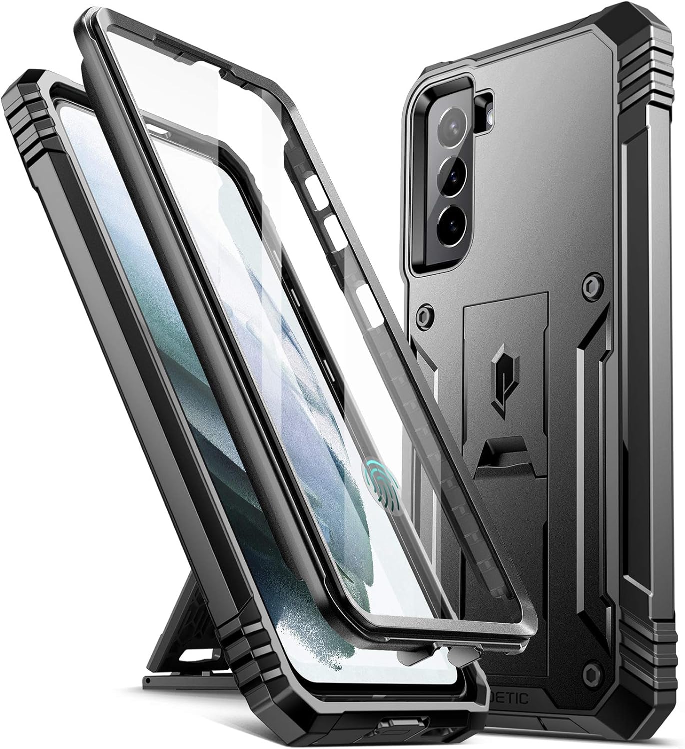 Poetic Revolution Case for Samsung Galaxy S21 5G 6.2 Inch, Built-In Screen Protector Work with Fingerprint ID, Full Body Rugged Shockproof Protective Cover Case with Kickstand, Black  Poetic   