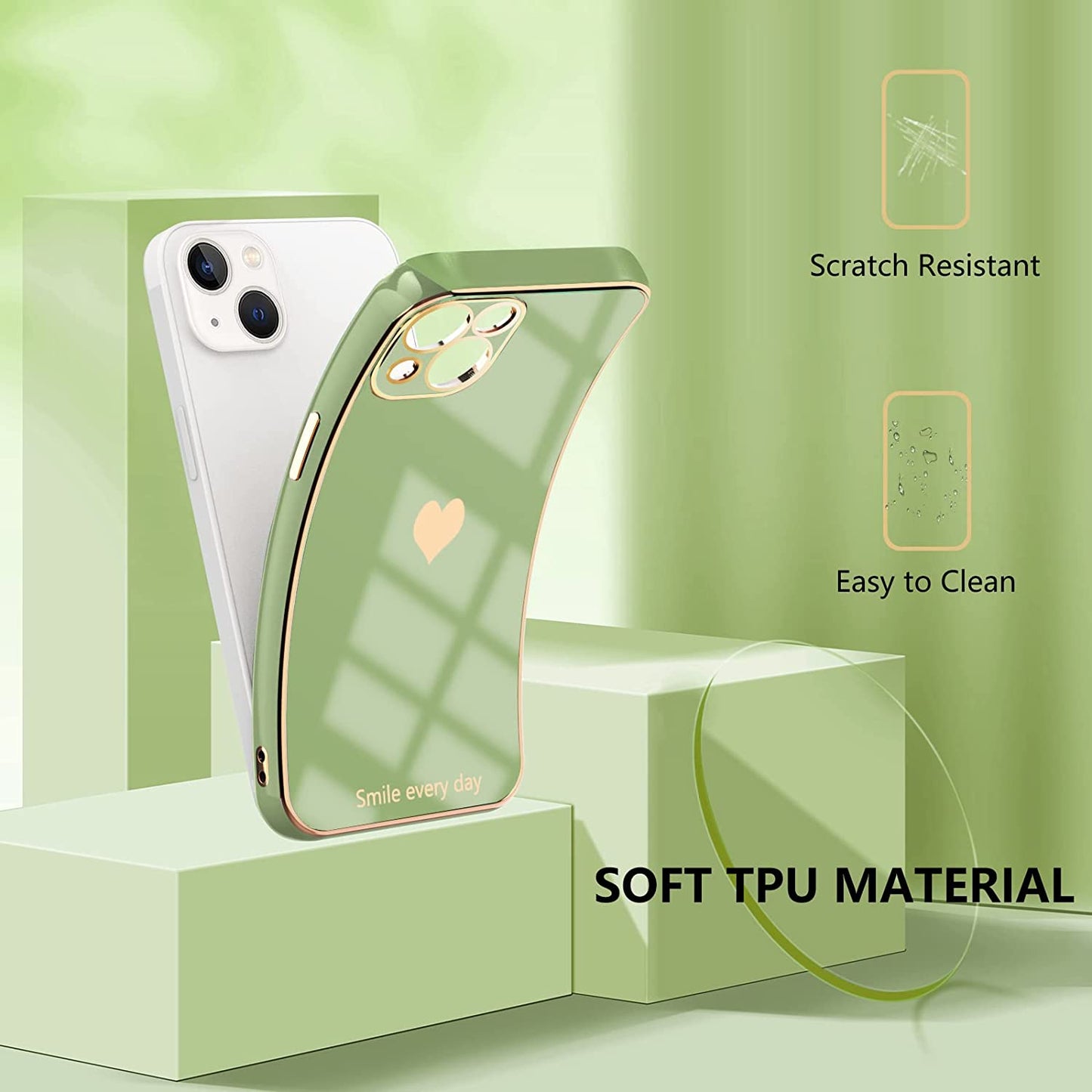 Tksafy for Iphone 14 Case, Cute Love Heart Pattern for Women Girls with Camera Protection, Anti-Scratch Plating Soft TPU Shockproof Bumper Phone Cover for Apple Iphone 14 6.1-Inch 2022, Light Green  Tksafy   