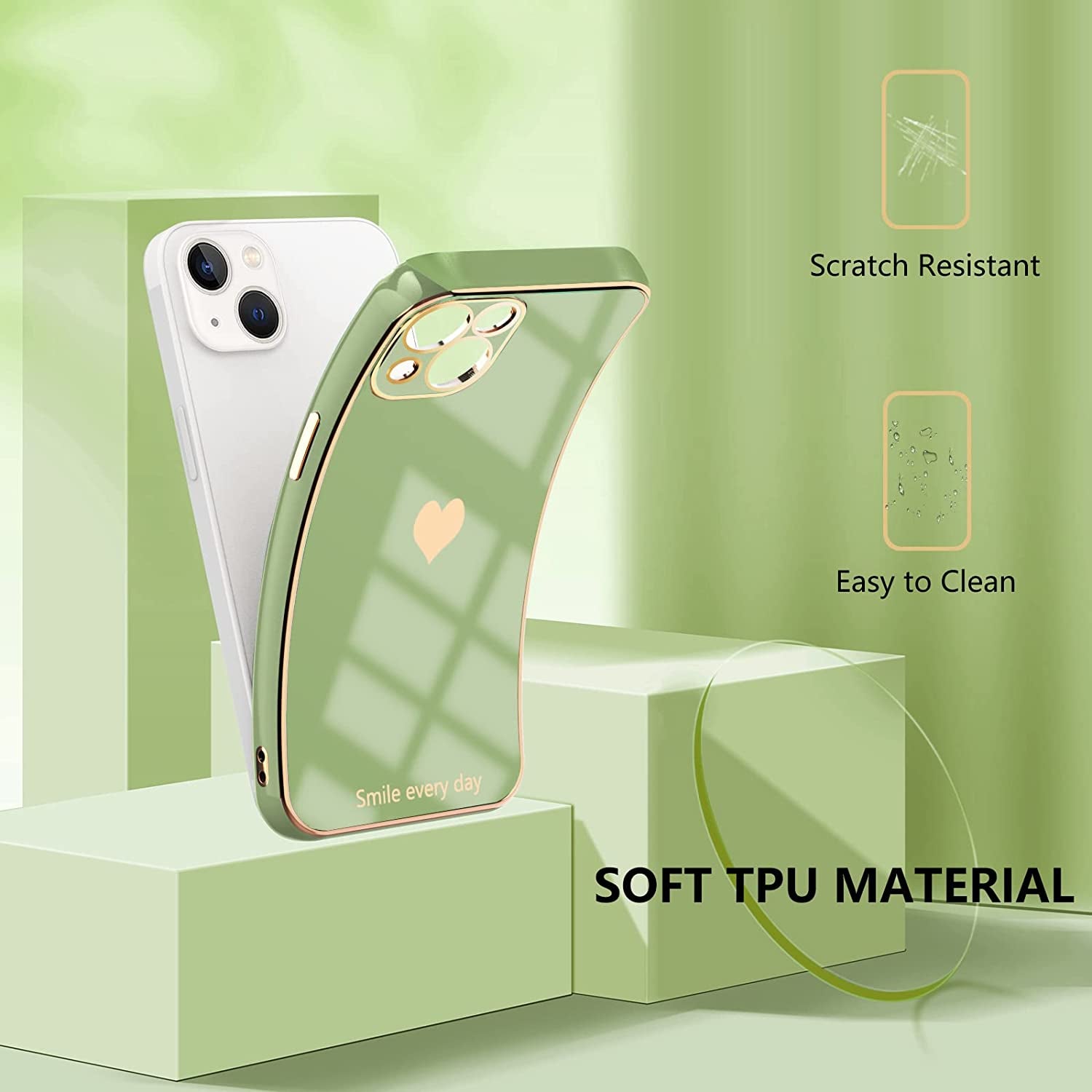 Tksafy for Iphone 14 Case, Cute Love Heart Pattern for Women Girls with Camera Protection, Anti-Scratch Plating Soft TPU Shockproof Bumper Phone Cover for Apple Iphone 14 6.1-Inch 2022, Light Green  Tksafy   