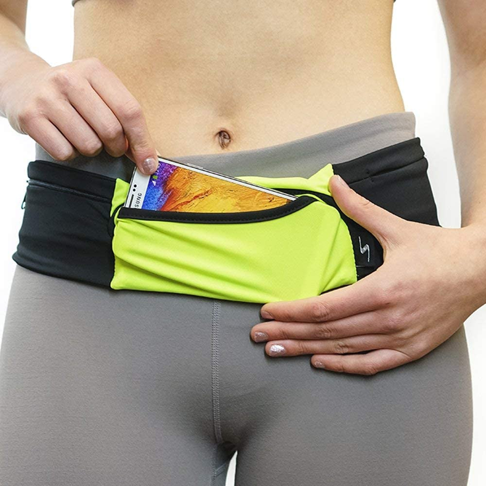 3 Pocket Adjustable Running Belt Waist Pack, Fanny Pack for Working Out with Sweat Resistant Backing, Holds All Iphone Models  Sprigs   