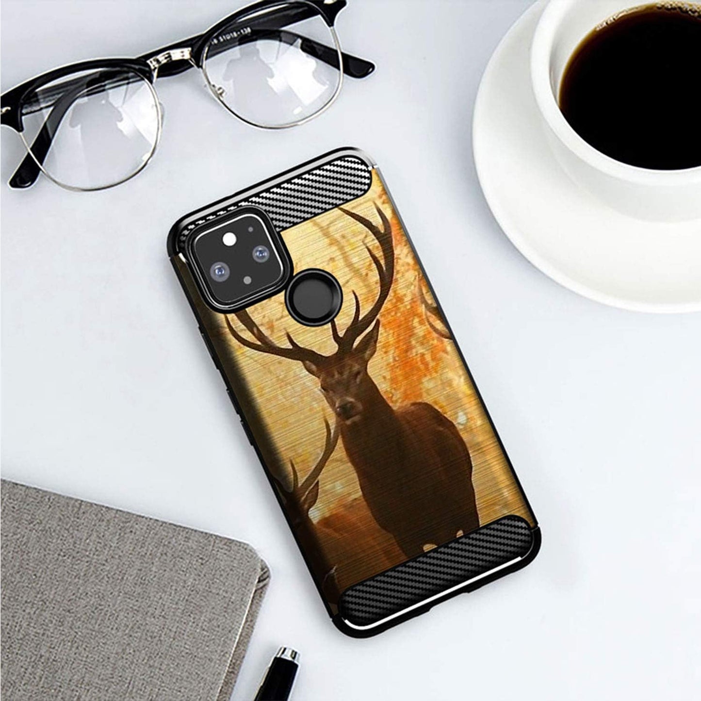 Casesondeck Camo Case Compatible with Google Pixel 4A 5G (2020), Carbon Fiber Texture Slim Fitted Matte Cover with Design (Sunset Deer)  Cases on Deck   