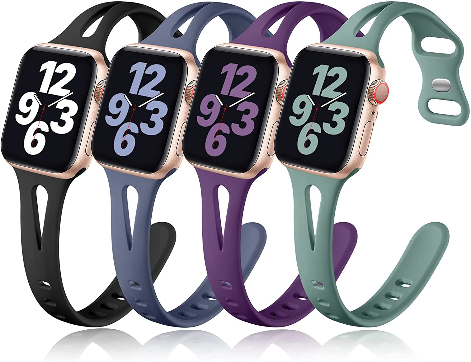 Getino Compatible with Apple Watch Band 40Mm 38Mm 41Mm Iwatch Series 8 7 6 5 4 3 2 1 SE for Women Men, Stylish Durable Silicone Slim Sport Watch Bands, 4 Pack, Cyan/Lake Blue/Starlight/Grayish Purple  Getino Blue Gray/Cyprus Green/Purple/Black 42mm/44mm/45mm/49mm 