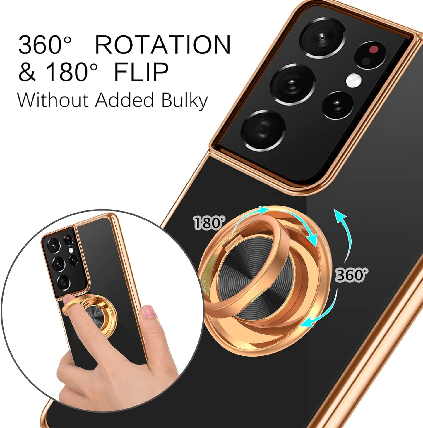 VENINGO Note 20 Ultra Case, Galaxy Note 20 Ultra Case, Slim Fit Soft 360° Ring Holder Kickstand Magnetic Car Mount Supported Shockproof Protective Cover for Samsung Note 20 Ultra 5G 6.9", Black/Golden  VENINGO   