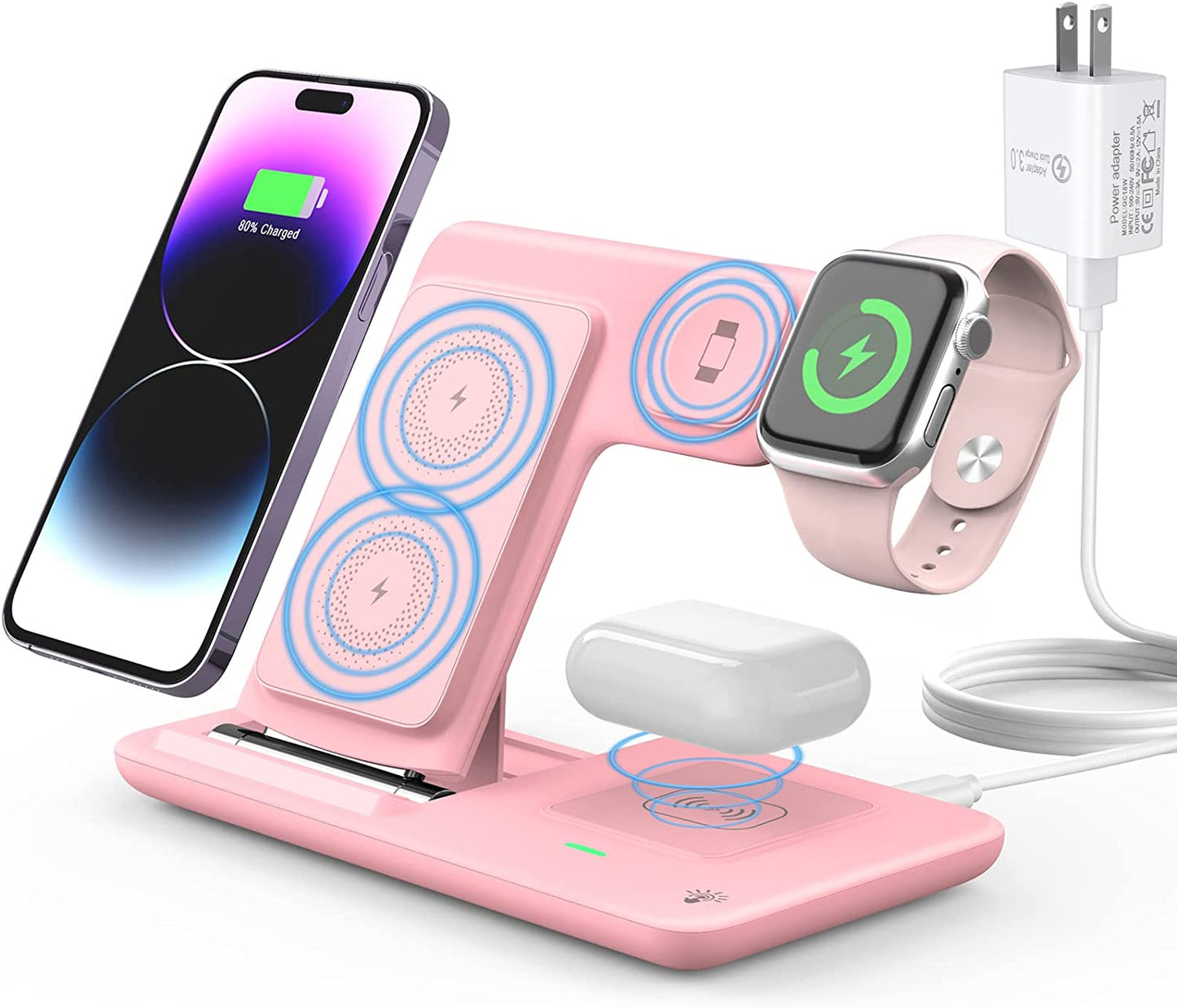 Charging Station for Apple Multiple Devices, 3 in 1 Fast Wireless Charger Foldable for Iphone 14/13/12/11/Pro/Xs/Xs Max/Xr/X/Se/8/8 plus Apple Watch 8/7/6/SE/5/4/3/2 Airpods 3/2/Pro with Adapter  Bauhoo Pink  