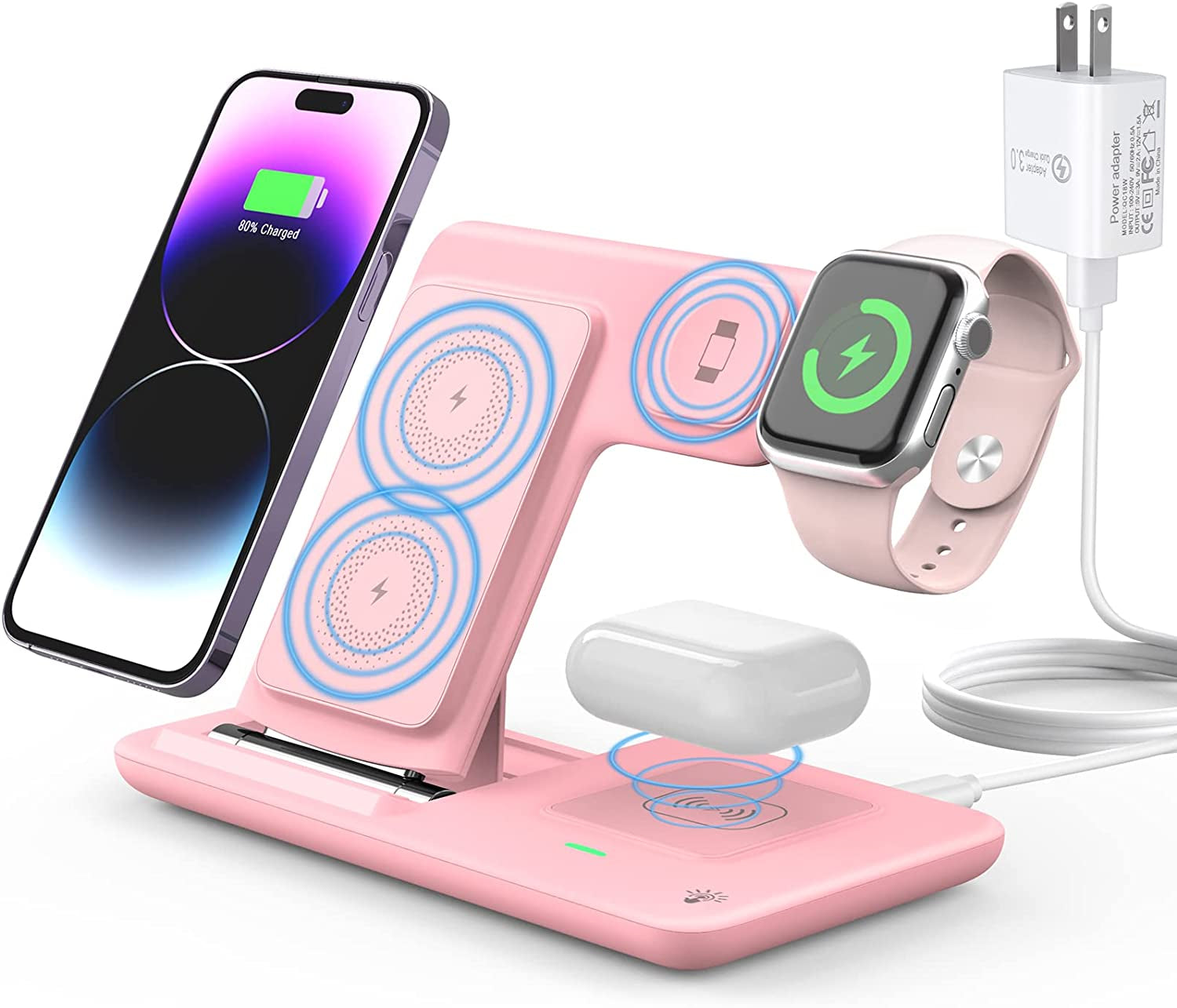 Charging Station for Apple Multiple Devices, 3 in 1 Fast Wireless Charger Foldable for Iphone 14/13/12/11/Pro/Xs/Xs Max/Xr/X/Se/8/8 plus Apple Watch 8/7/6/SE/5/4/3/2 Airpods 3/2/Pro with Adapter  Bauhoo Pink  