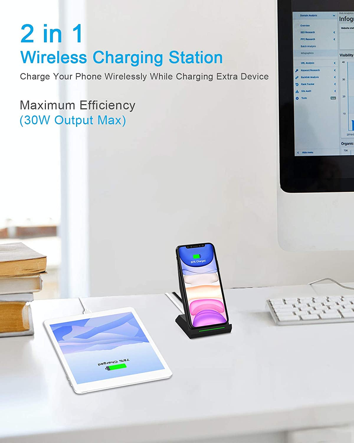 NANAMI 30W Max Wireless Charger, Qi Certified Fast Charging Stand with USB-A Port,Compatible Iphone 14/13/12/11 Pro/Xs Max/Xr, Galaxy S23/S22/S21/S20/S10/S9,Note 20/10/9(With PD Adapter Phone Charger)  NANAMI   