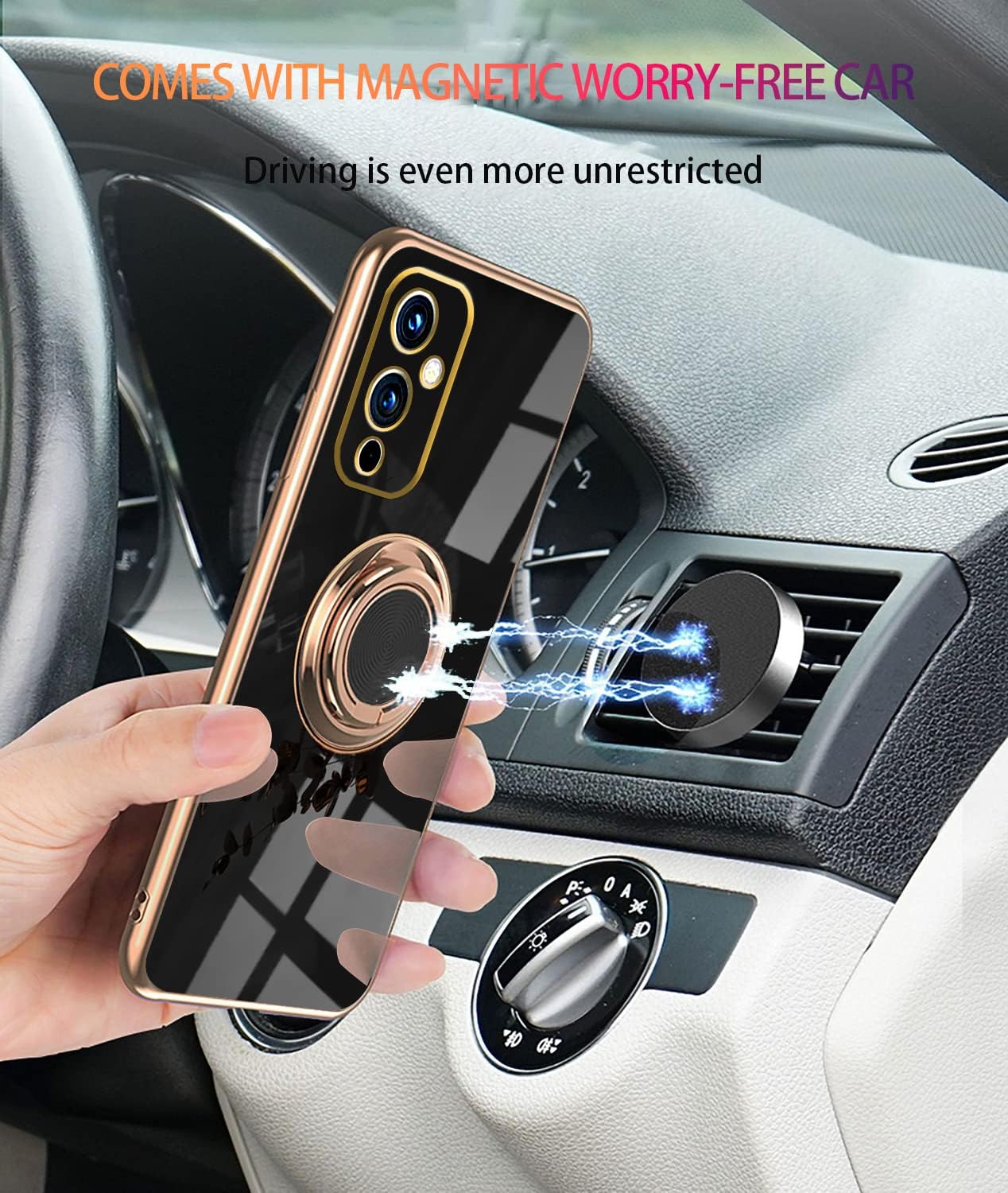 Jancyu Compatible with Oneplus 9 Case, Phone Case for One plus 9 Cute Silicone Protective Fundas with 360 Degrees Magnetic Life Holder Bracket Mobile Caver (Black)  Jancyu   