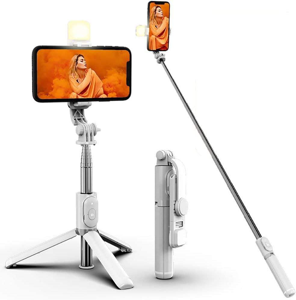 Enkarl Selfie Stick Tripod with Light, All in One Cell Phone Tripod, Cellphone Tripod with Wireless Remote and Phone Holder, Portable, Lightweight,Compatible with All Phones(Black)  Enkarl White  