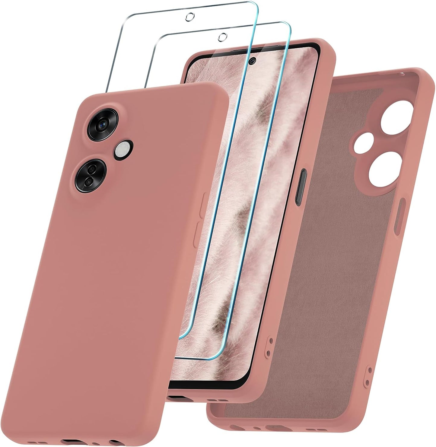 YENAPOON for Oneplus Nord N30 5G Case and 2 Pack Tempered Glass Screen Protector, Slim Liquid Silicone Shockproof Protective Case - Mint Green  YENAPOON Rose Pink  