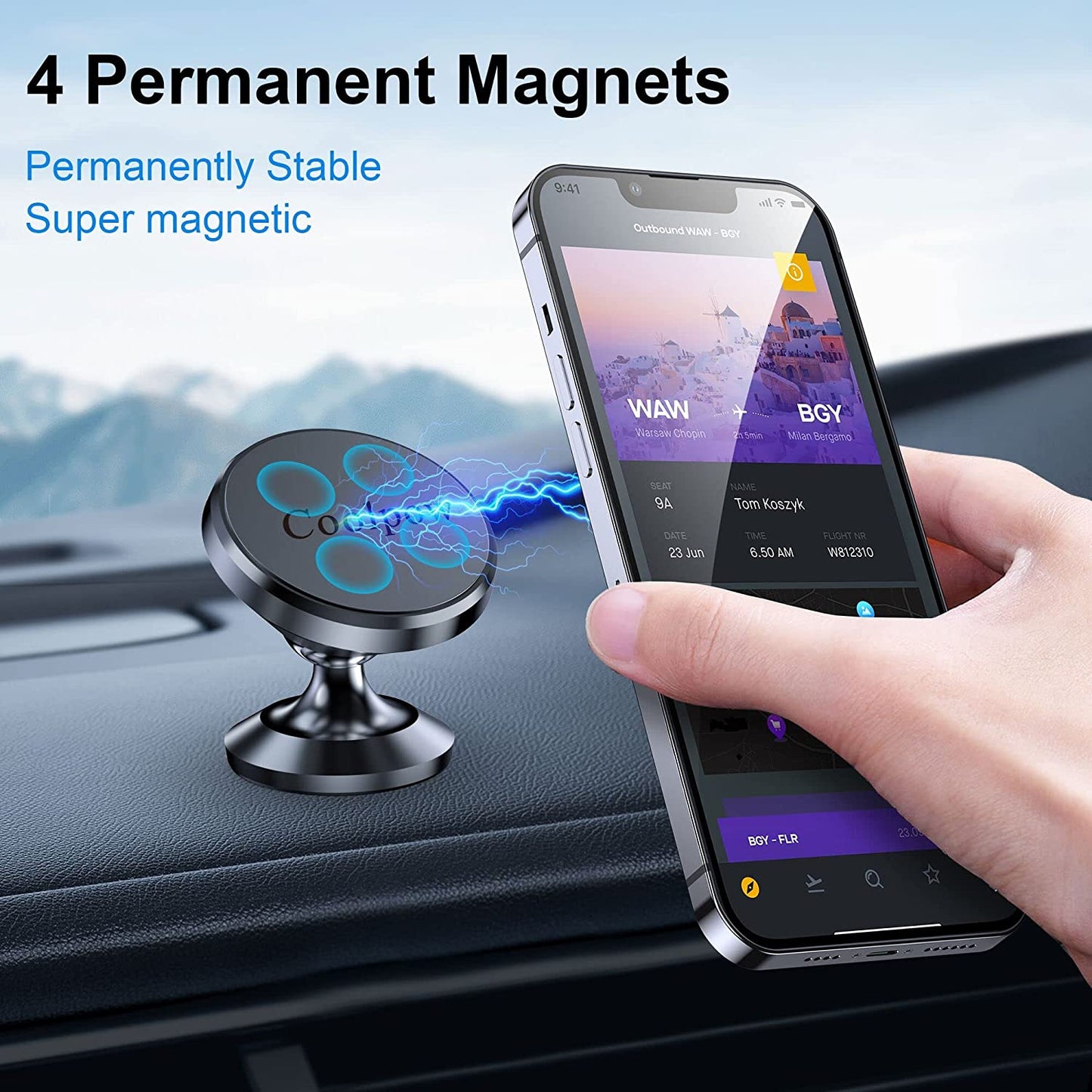 【2-Pack】Magnetic Phone Holder for Car, [ Super Strong Magnet ] [ with 4 Metal Plate ] Iphone Magnetic Car Mount for Cell Phone, [ 360° Rotation ] Universal Dashboard Car Mount Fits All Smartphones  Coolpow   