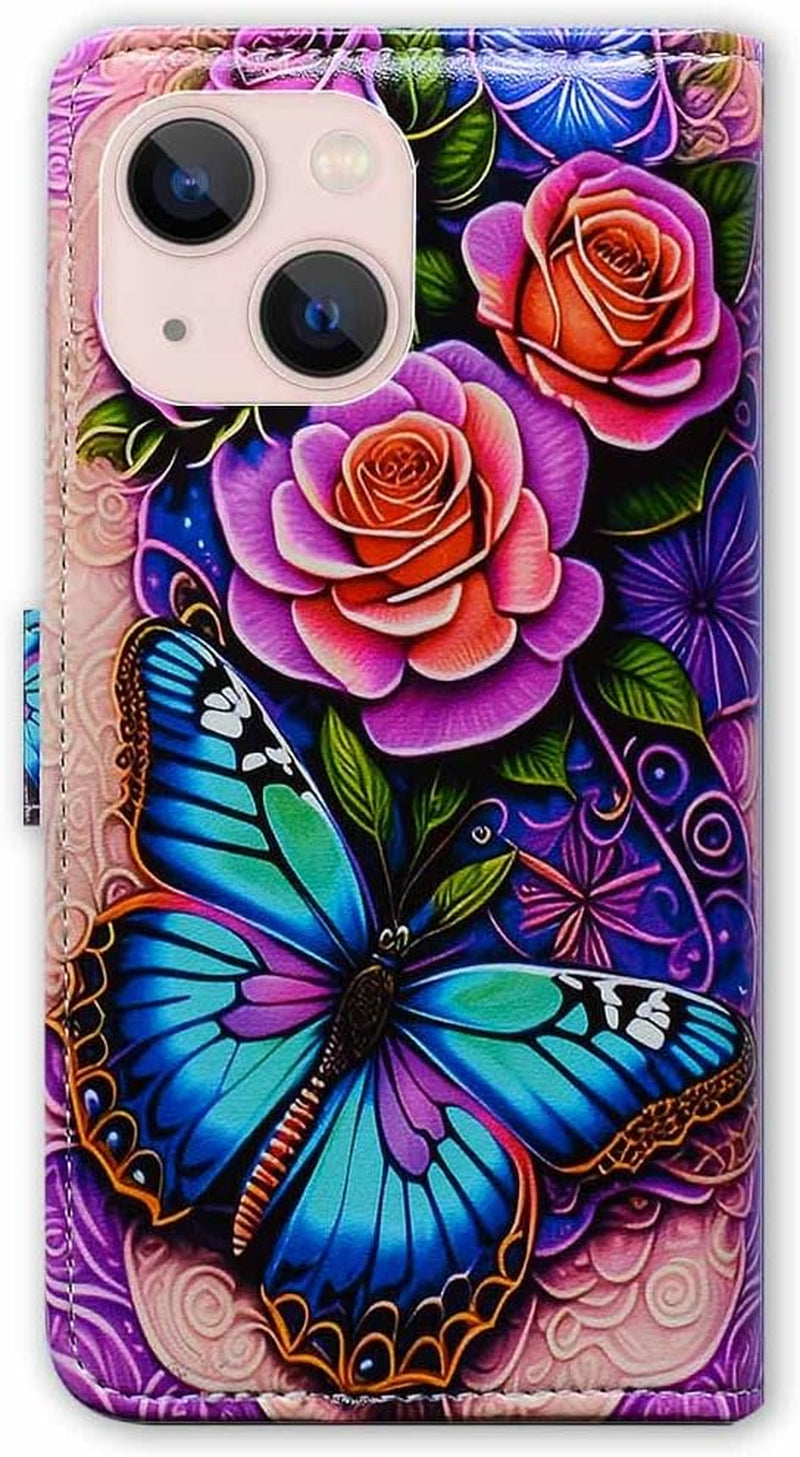 Bcov Iphone 13 Case,Blue Butterfly Flowers Rose Leather Flip Phone Case Wallet Cover with Card Slot Holder Kickstand for Iphone 13  Bcov   
