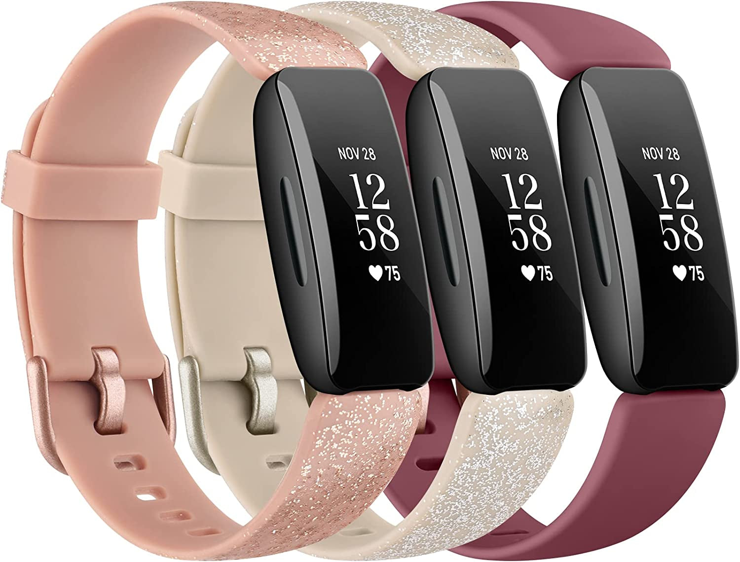 3 Pack Silicone Bands Compatible with Fitbit Inspire 2 Bands for Women Men, Adjustable Replacement Sport Wristbands Straps for Fitbit Inspire 2 / Ace 3 (Black/Gray/White)  Mugust Shine Rose Gold/Shine Champagne Gold/Wine Red  