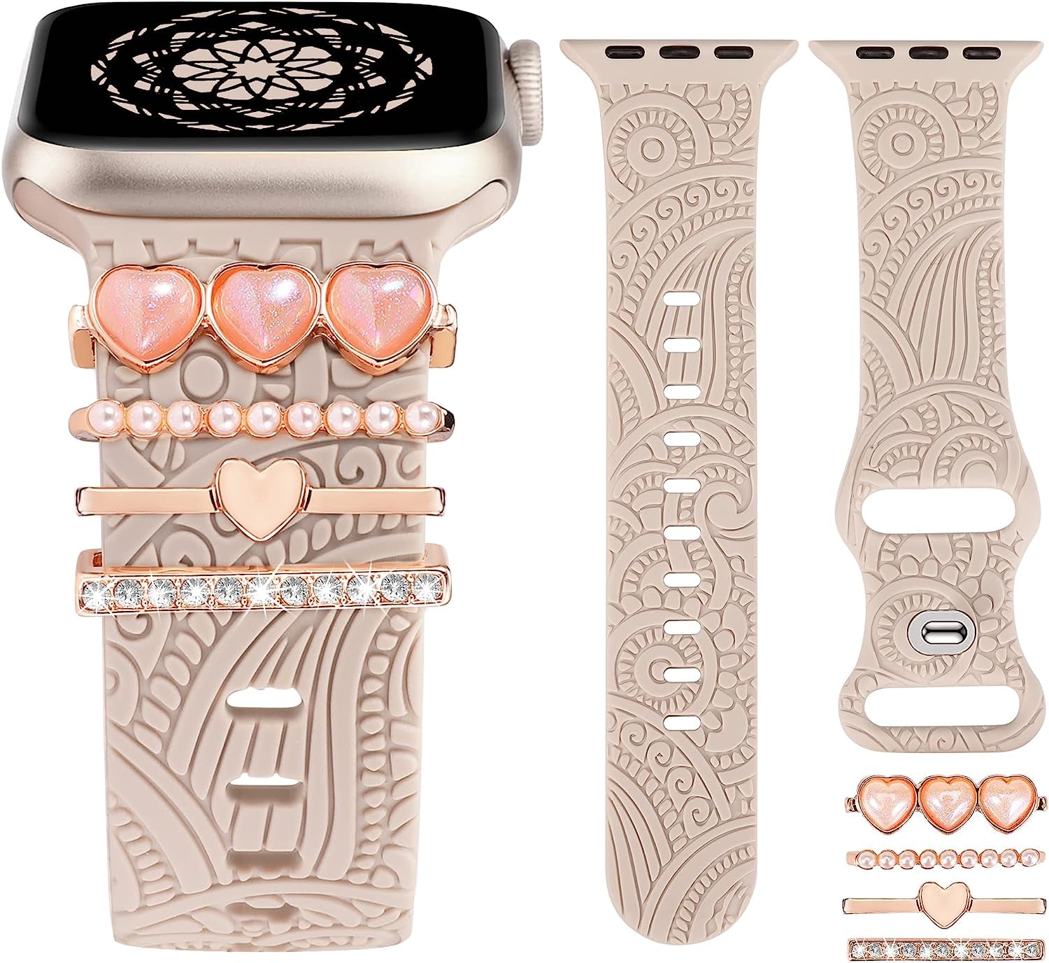 (Include Band) Decorative Ring Loops Compatible with Apple Watch Band Charms 41/40/38/42/44/45/49Mm Women, Boho Engraved Fancy Accessories Silicone Strap for Iwatch Series 8 SE Ultra 7 6 5 4 3 2 1  TOYOUTHS Resin Love 38/40/41mm 