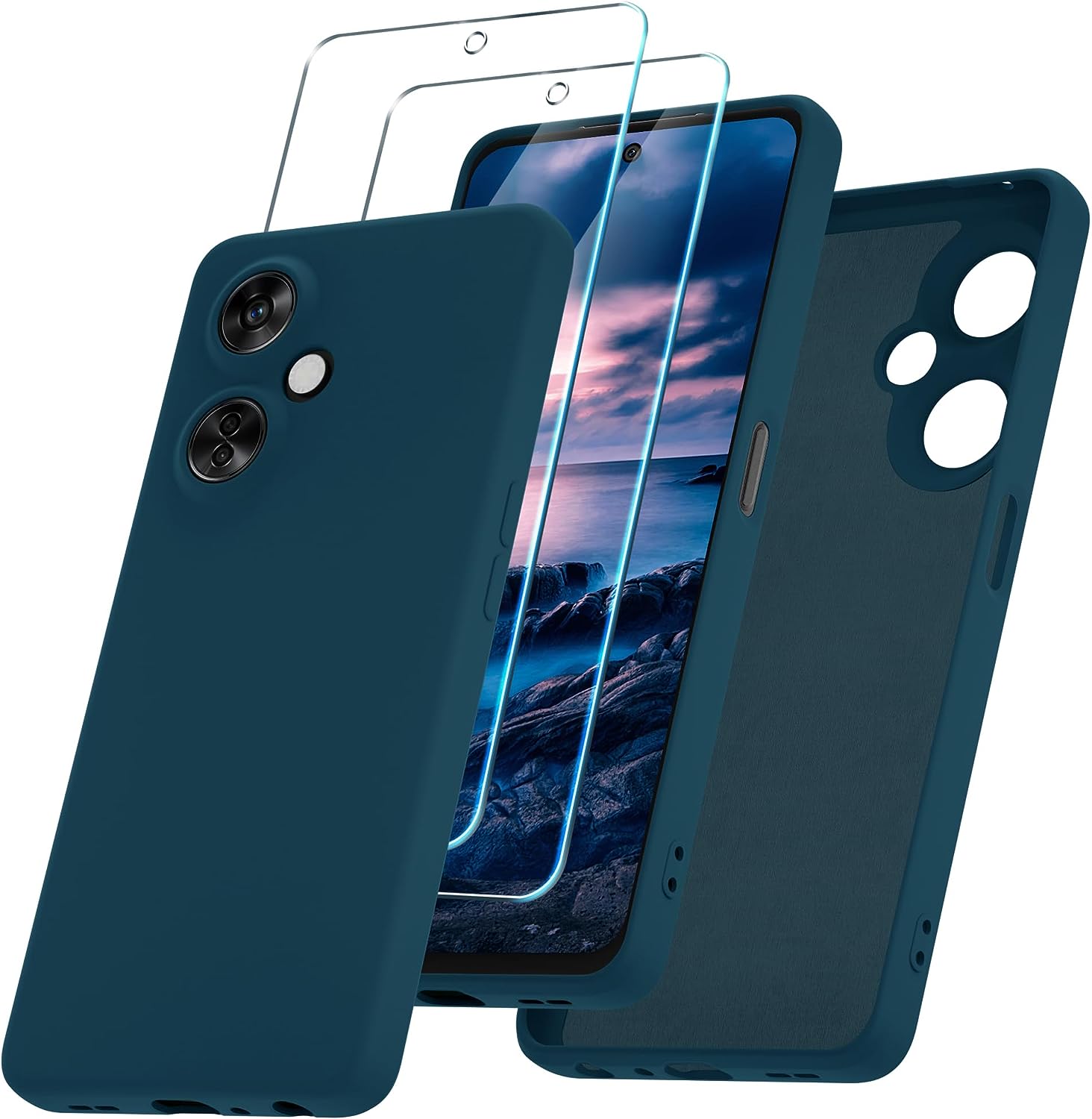 YENAPOON for Oneplus Nord N30 5G Case and 2 Pack Tempered Glass Screen Protector, Slim Liquid Silicone Shockproof Protective Case - Mint Green  YENAPOON Navy Blue  
