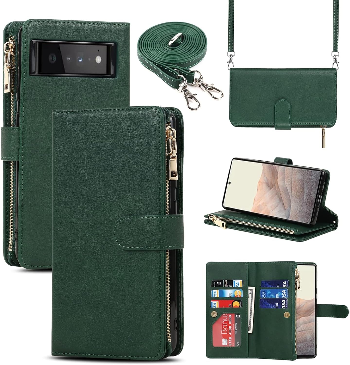 Jaorty Compatible with Google Pixel 6 Wallet Case,[6 Card Slots] [Wrist Strap] [Stand Feature] Detachable 2 in 1 Magnetic Zipper Leather Cover Case for Google Pixel 6,6.4" Rosegold  Jaorty 9 Card Slots Lanyard Dark Green  