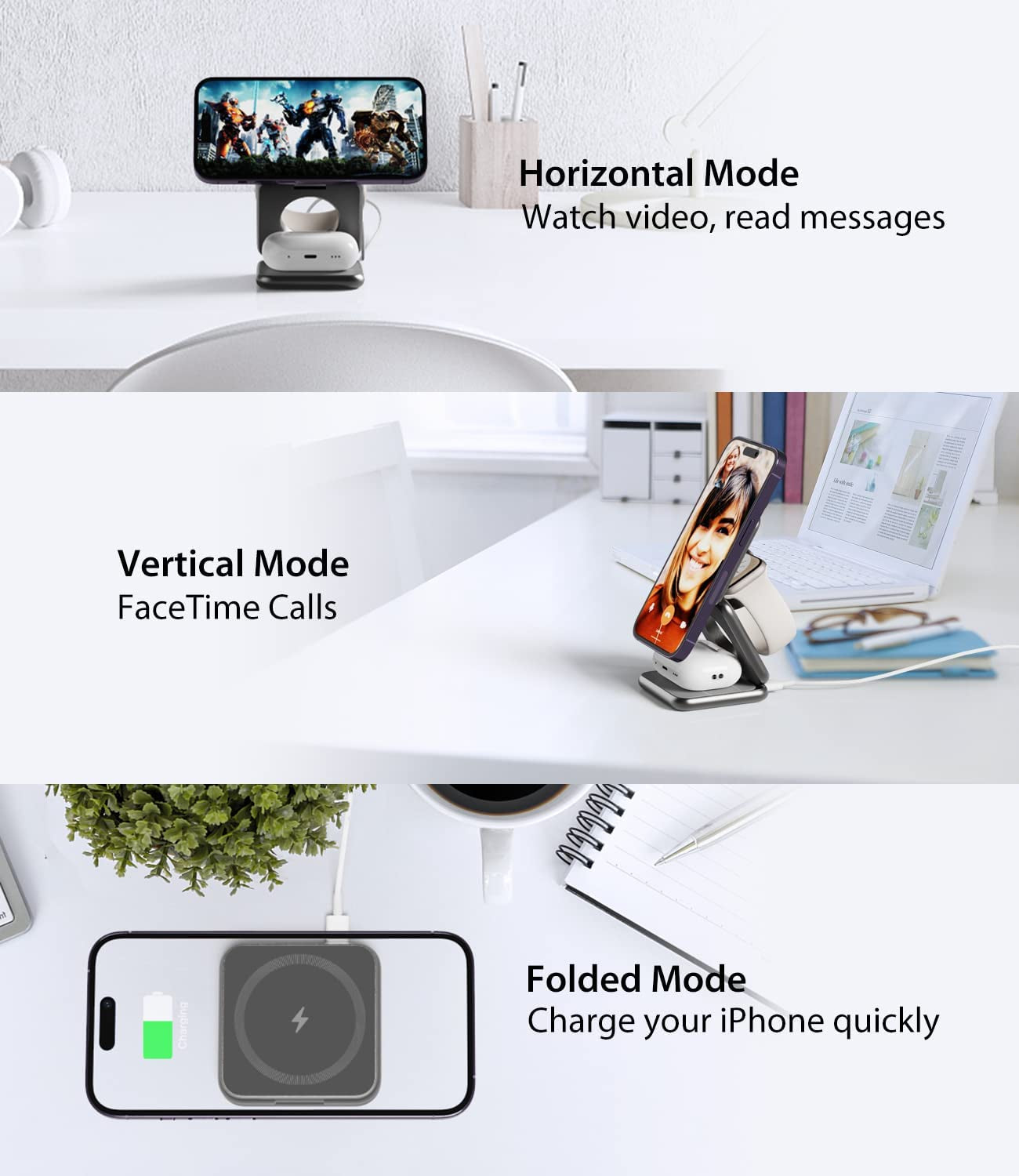 Foldable Magnetic Wireless Charger, Aluminum Alloy 3 in 1 Charging Station for Apple, KU XIU 15W Fast Mag-Safe Charger Stand for Iphone 14 13 12 Pro/Max/Plus, Airpods 3/2/Pro, Iwatch(Adapter Included)  Shenzhen Dipinle Technology Co., Ltd   