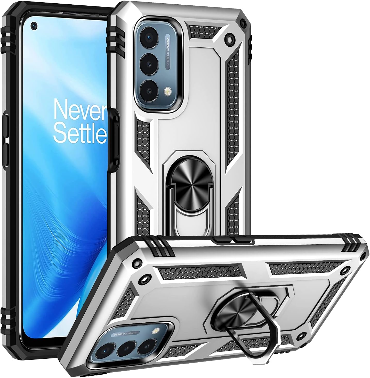 Military Grade Drop Impact for Oneplus Nord N200 5G Case Oneplus Nord N200 5G Case 360 Metal Rotating Ring Kickstand Holder Armor Heavy Duty Shockproof Case for Oneplus Nord N200 5G Phone Case (Blue)  Dionsibei Silver  