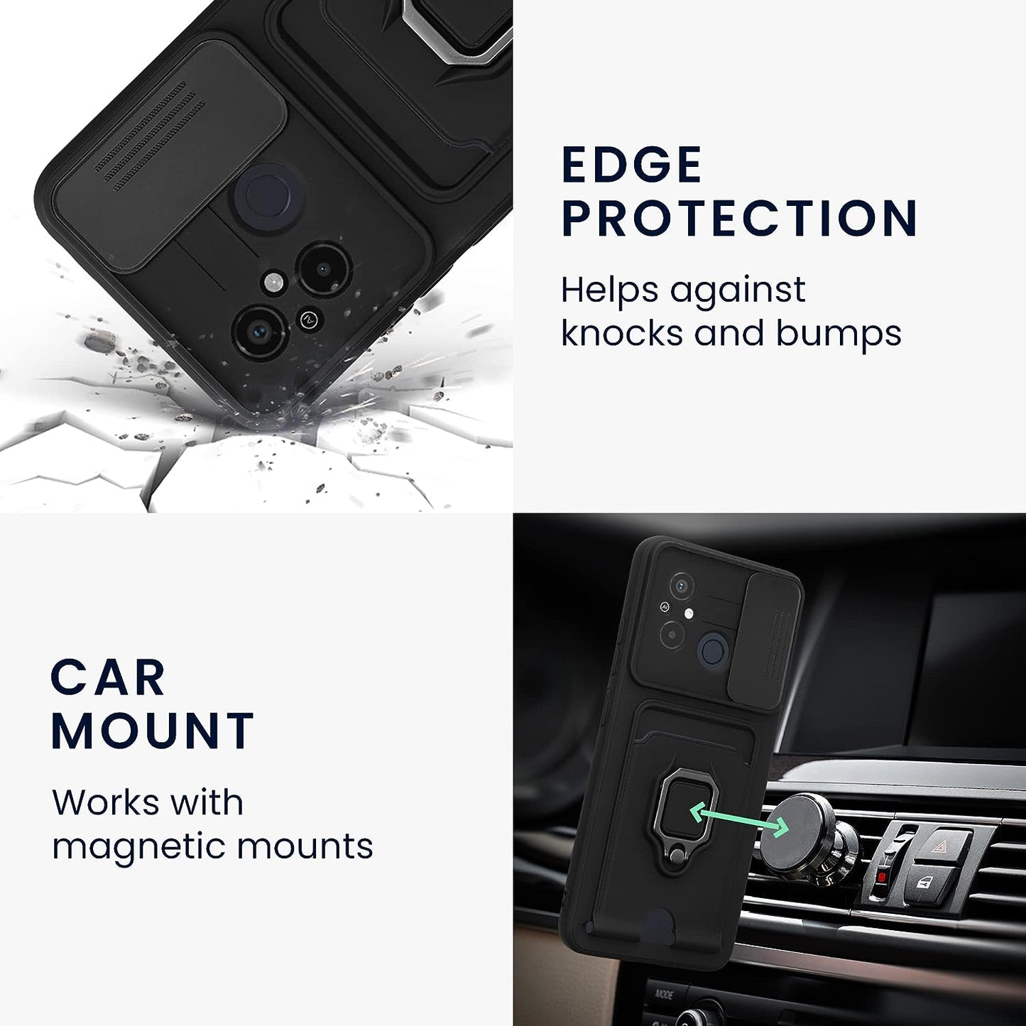 Kwmobile Plastic Case Compatible with Xiaomi Redmi 12C - Case with Metal Stand Card Slot Finger Holder - Black  KW-Commerce   