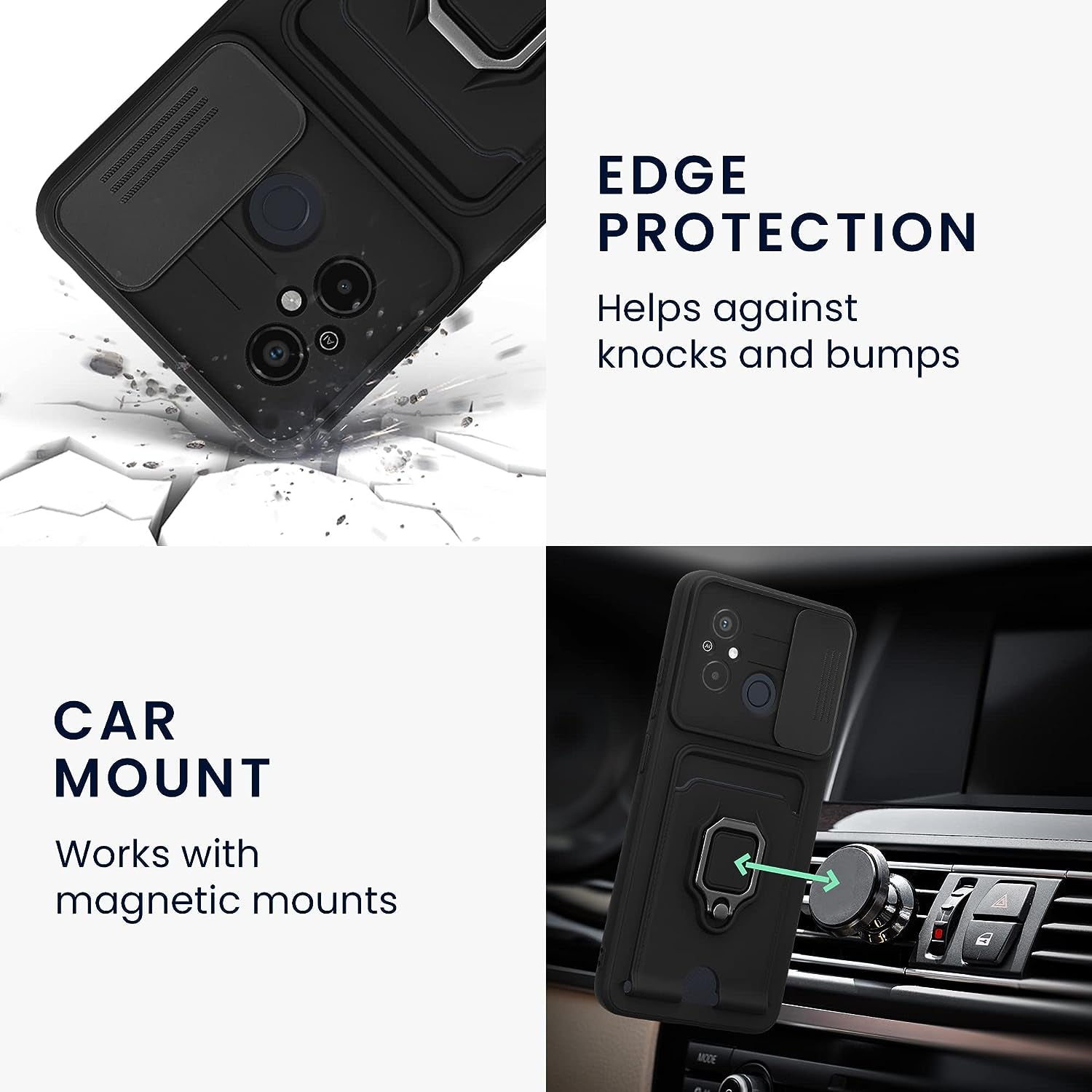 Kwmobile Plastic Case Compatible with Xiaomi Redmi 12C - Case with Metal Stand Card Slot Finger Holder - Black  KW-Commerce   