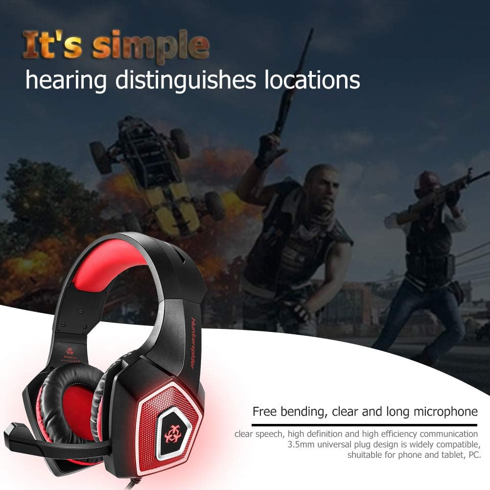 Gaming Headset RGB Illuminated Computer Headphones Wired Earphones Subwoofer Headset E-Sports Accessories Sound Enhancement Equipment with Microphone for PC, Smart Phones, Tablets (Red)  Crazy-Store   