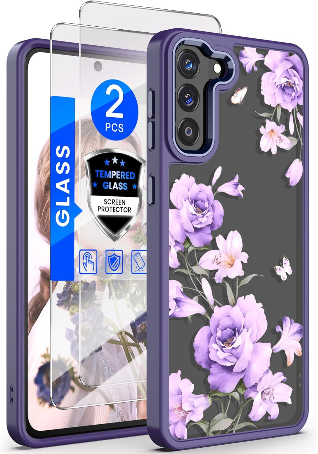 Dretal for Samsung Galaxy S21 plus 5G Case Floral, Galaxy S21+ Case, Military Grade Drop Tested Hard Back & Soft Edge Slim Flower Women Girls Protective Cover +Tempered Glass Screen Protector (Purple)  Dretal Deep Purple  