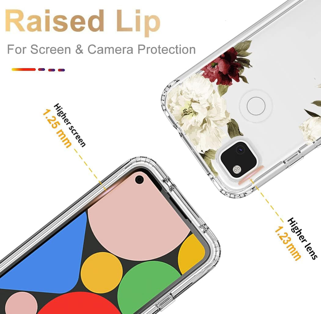 Yodueiv for Google Pixel 4A (Not Fit Pixel 4A 5G) G025J, GA02099 Case with Tempered Glass Screen Protector, Full-Body Cute Clear Floral Pattern Protective Phone Cover Case for Google Pixel 4A (Flower)  Yodueiv   