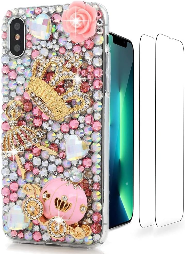 Luziun Glitter Design Phone Case Compatible with Oneplus Nord N200 5G - 3D Luxury Girls Women Shiny Bling Handcrafted Protective Cover with Screen Protector (2 Pack) - Butterfly Floral Flower  LUZiUN Pink Crown Ballet Girl Pumpkin Car - Case Design For Samsung Galaxy A03S 
