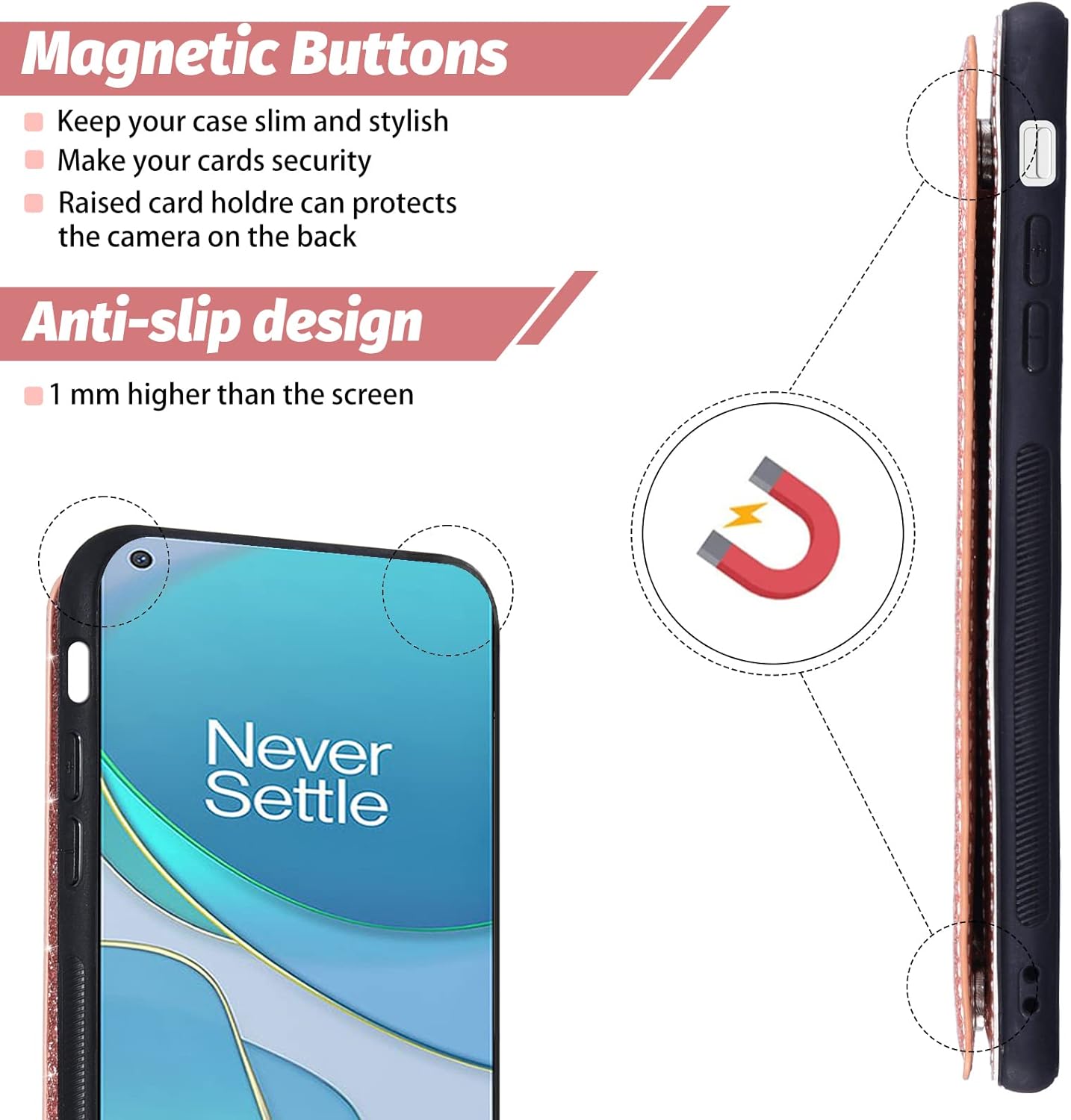 Asuwish Phone Case for Oneplus 8T Oneplus8T plus 9R 5G Wallet Cover with Screen Protector and Card Holder Bling Glitter Cell One Plus8T5G on + 1 plus 8Tplus 1Plus 8T+ One+ T8 1+ 1+8T Pro G5 Rose Gold  Asuwish   