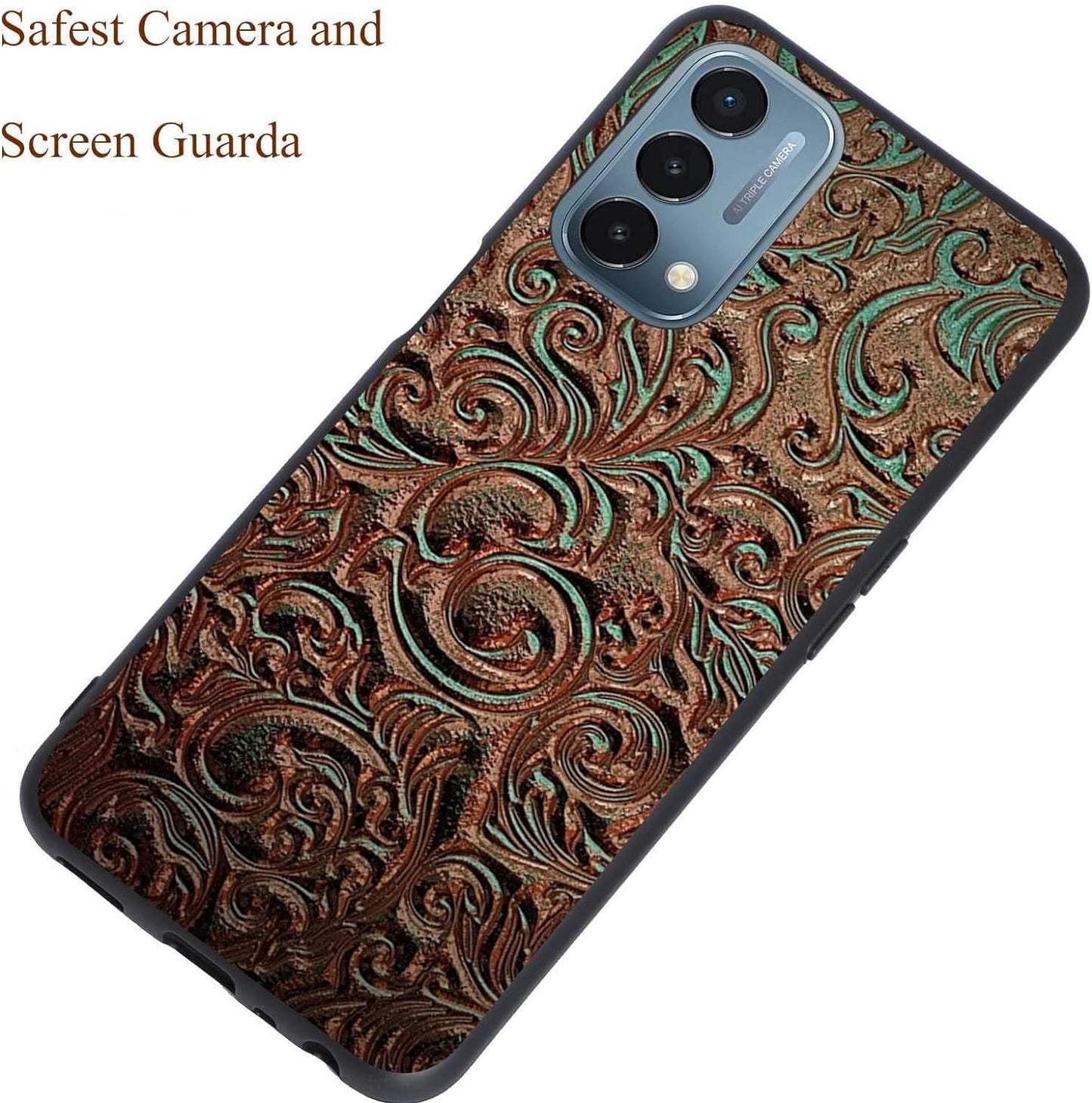 KSHSAA Designed for Oneplus Nord N200 5G Western Case, Western Tooled Brown Leather Print Retro Designed for Oneplus Case Women Men, Soft Silicone Shockproof Fashion Case for Oneplus  KSHSAA   