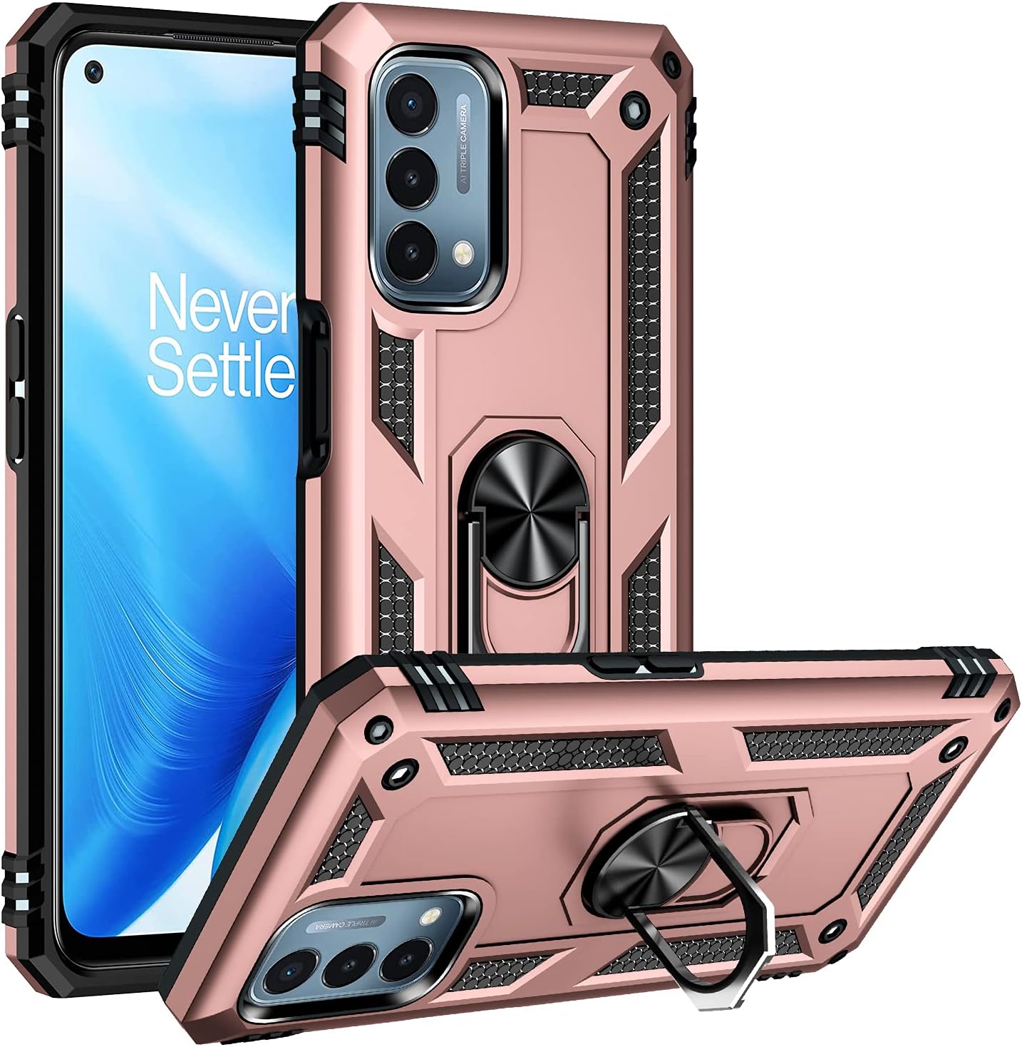 Military Grade Drop Impact for Oneplus Nord N200 5G Case Oneplus Nord N200 Case Metal Rotating Ring Kickstand Holder Armor Heavy Duty Shockproof for Oneplus Nord N200 5G Phone Case (Rose Gold)  Dionsibei Rose Gold  