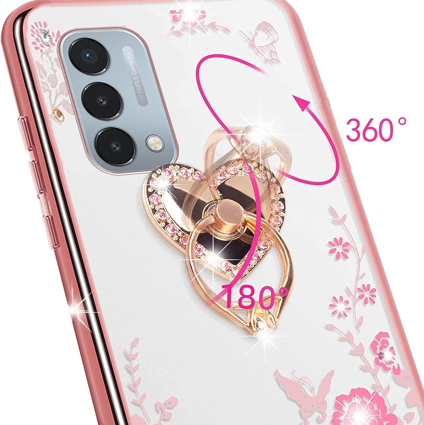 Kudini for Oneplus Nord N200 5G Case for Women Glitter Crystal Soft TPU Bling Cute Butterfly Heart Floral Clear Protective Cover with Ring Kickstand+Strap for Oneplus Nord N200 5G (Rose Gold)  KuDiNi   