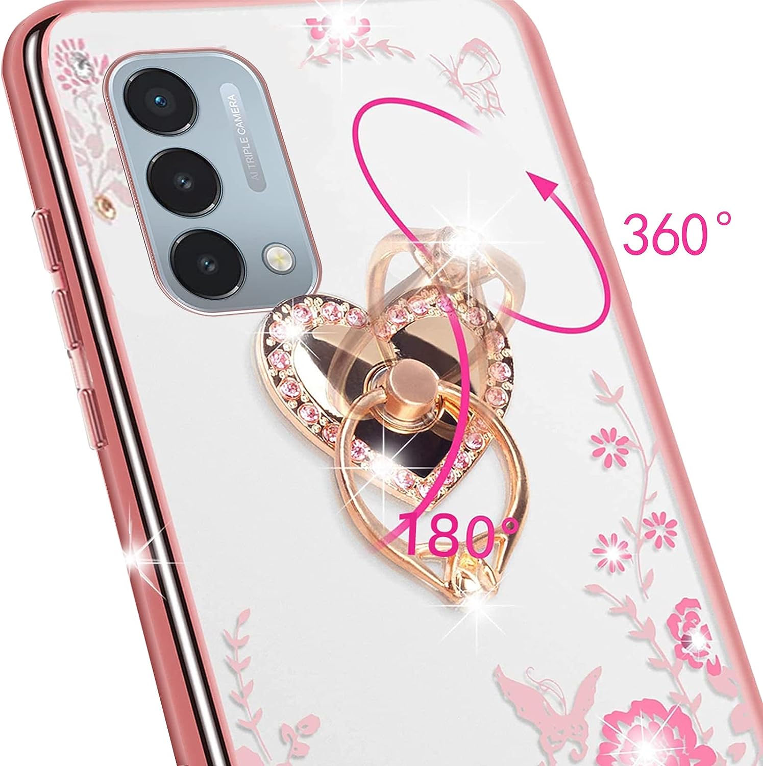 Kudini for Oneplus Nord N200 5G Case for Women Glitter Crystal Soft TPU Bling Cute Butterfly Heart Floral Clear Protective Cover with Ring Kickstand+Strap for Oneplus Nord N200 5G (Rose Gold)  KuDiNi   