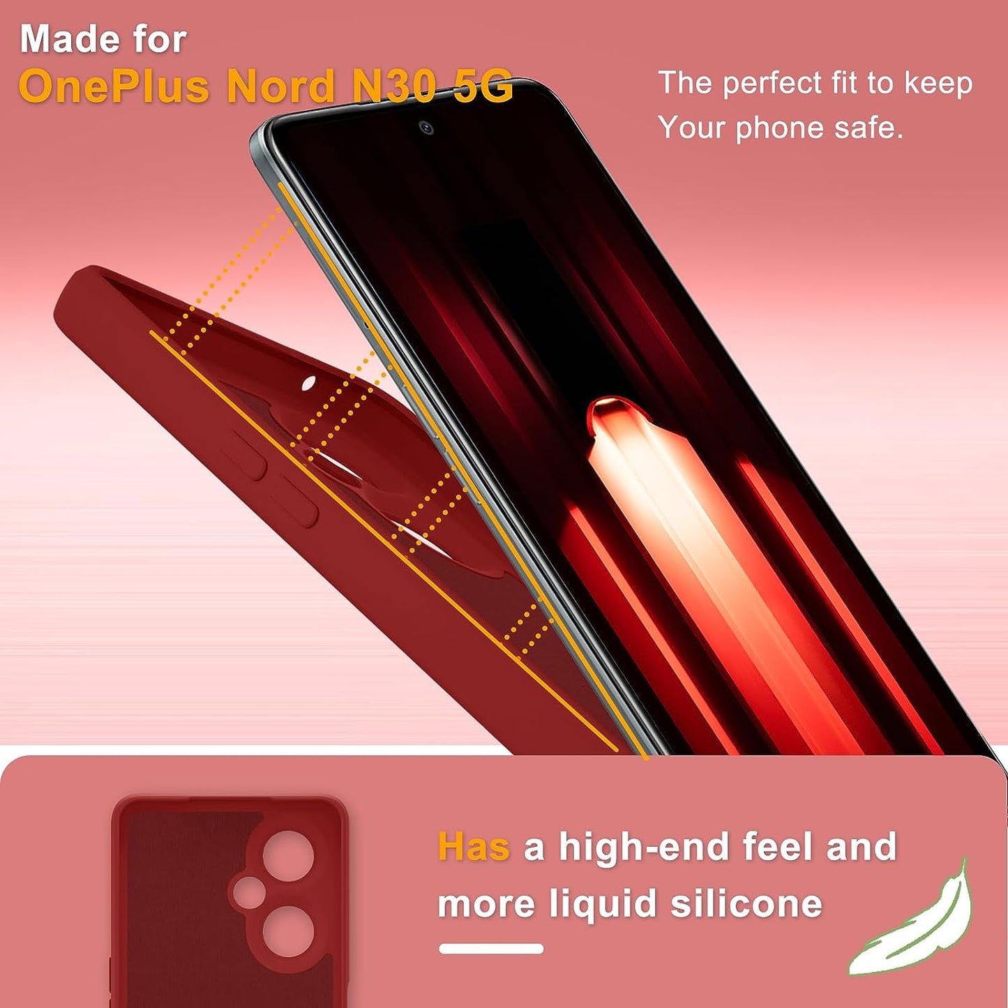 YENAPOON for Oneplus Nord N30 5G Case and 2 Pack Tempered Glass Screen Protector, Slim Liquid Silicone Shockproof Protective Case - Red  YENAPOON   