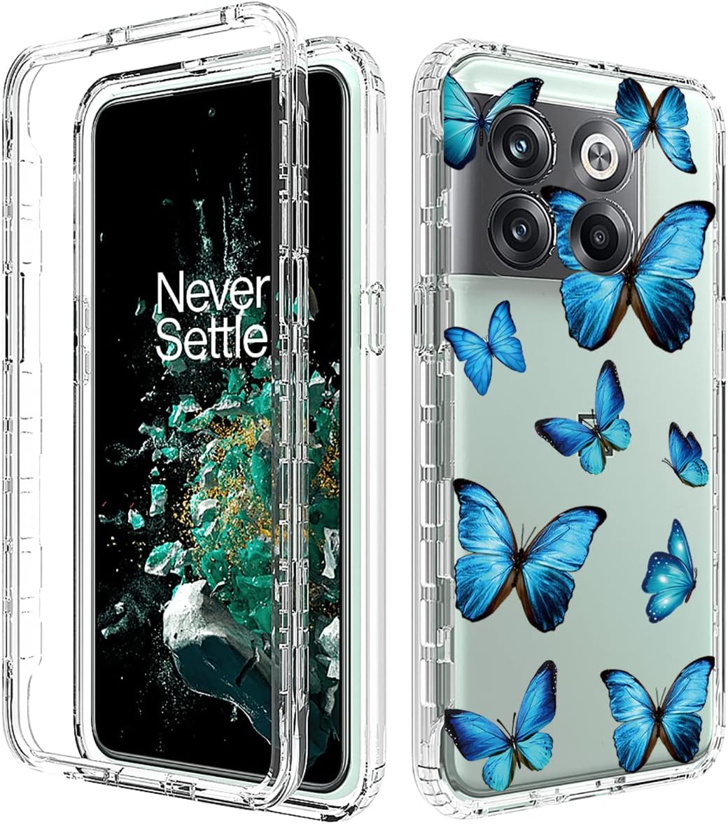 Ueokeird Case for Oneplus 10T 5G/Oneplus Ace Pro Case, CPH2415 Case with Tempered-Glass Screen Protector, Clear Butterfly Pattern Full Body Protective Phone Cover for Oneplus 10T 5G (Blue Butterfly)  Ueokeird   
