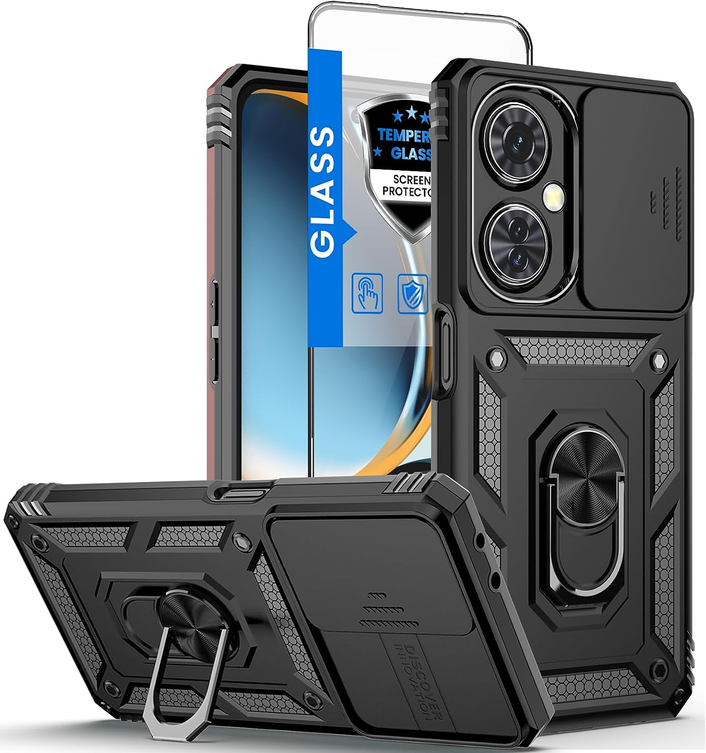 Liufcx for Oneplus Nord N30 5G Case + Screen Protector with Kickstand & Slide Lens Protector Cover, Heavy Duty Armor Shockproof Rugged Military Grade Protective Case for Oneplus Nord N30 5G (Red)  Liufcx Black  