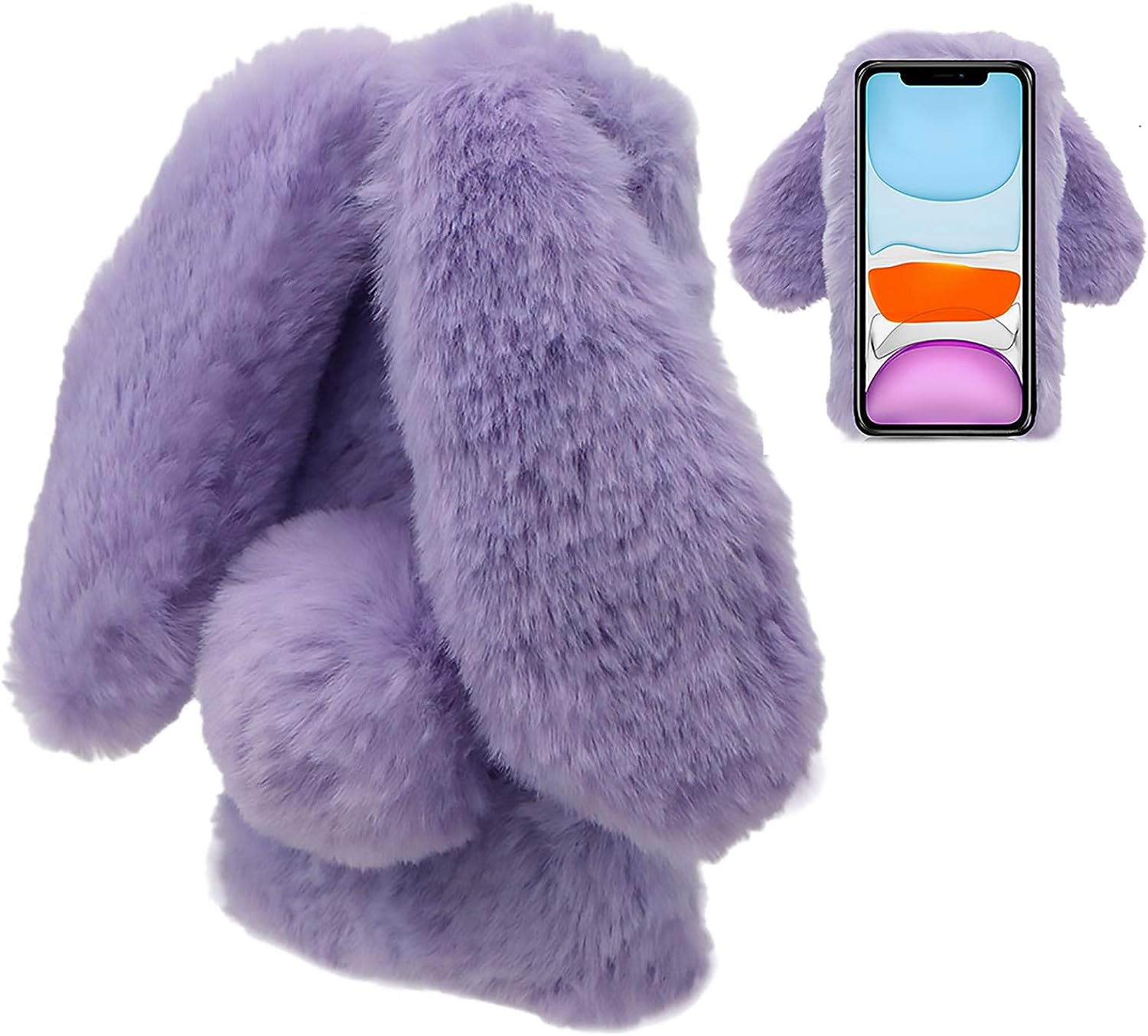 LCHDA Rabbit Case for Oneplus Nord N200 5G, Cute 3D Bunny Ears Soft Furry Hairball Fuzzy Warm Winter Faux Fur Plush Fluffy Flexible TPU Bumper Women Girls Protective Skin Cover - Black  LCHDA Purple  