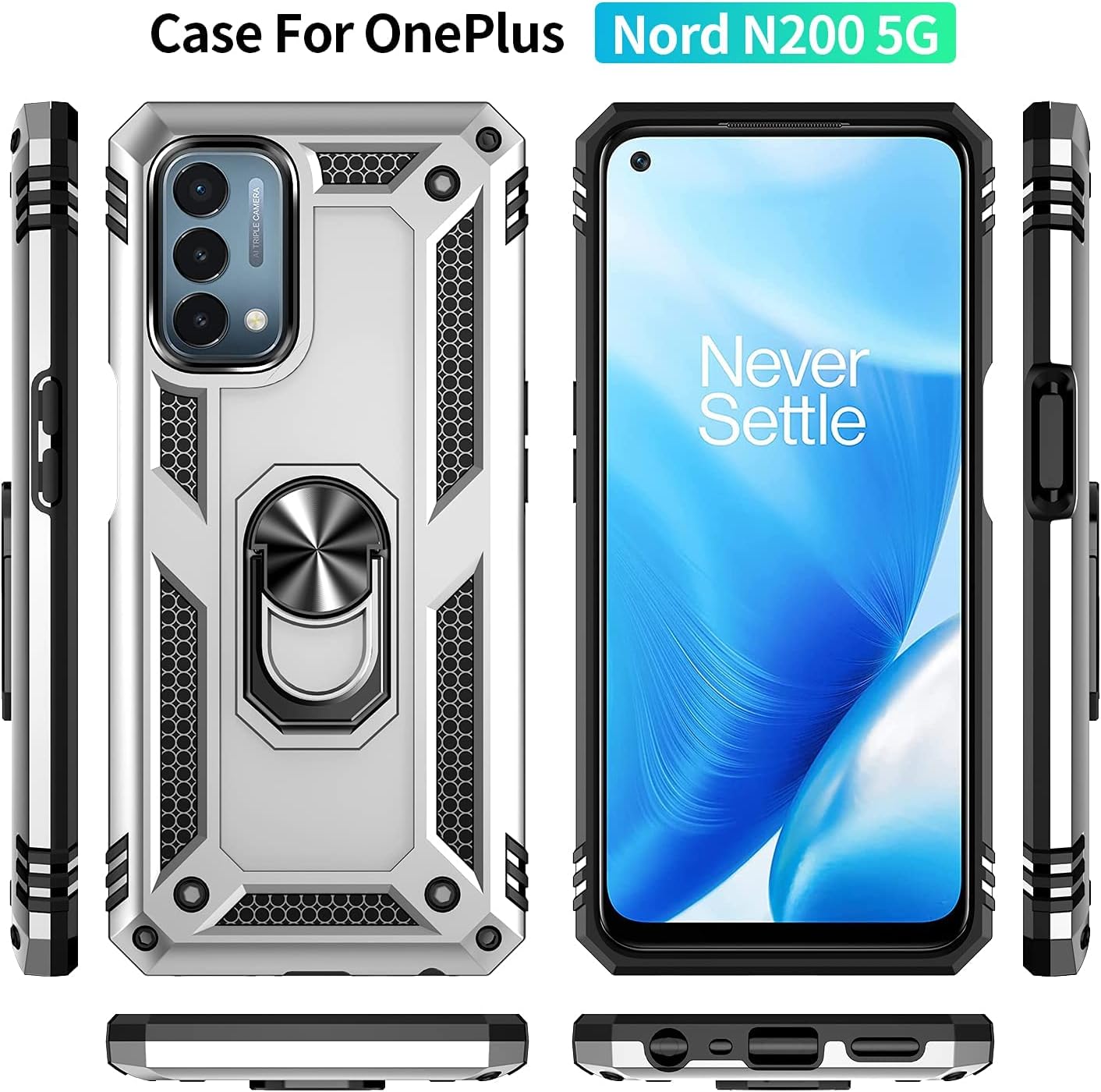 Military Grade Drop Impact for Oneplus Nord N200 5G Case Oneplus Nord N200 Case 360 Metal Rotating Ring Kickstand Holder Armor Heavy Duty Shockproof Case for Oneplus Nord N200 5G Phone Case (Silver)  Dionsibei   