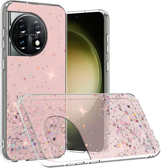 Compatible with Oneplus 11 Case Glitter Clear Green, Oneplus 11 Phone Case Silicone Transparent Soft TPU Women Girls Shockproof Protective Slim Cover (Pink)  Wousunly Pink  