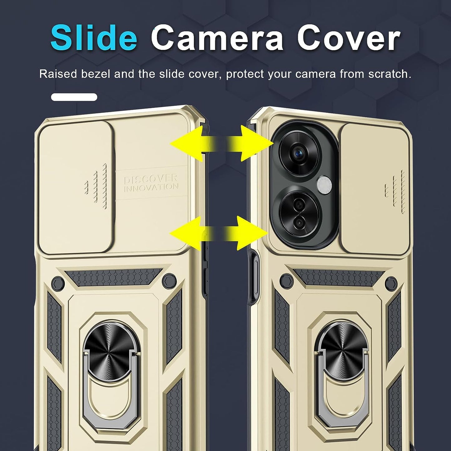 Janmitta Oneplus Nord N30 5G Case Built in Slide Camera Lens Cover+Screen Protector+Finger Ring Holder Kickstand,Heavy Duty Shockproof Full Body Protective Phone Cover,2023 Gold  Janmitta   