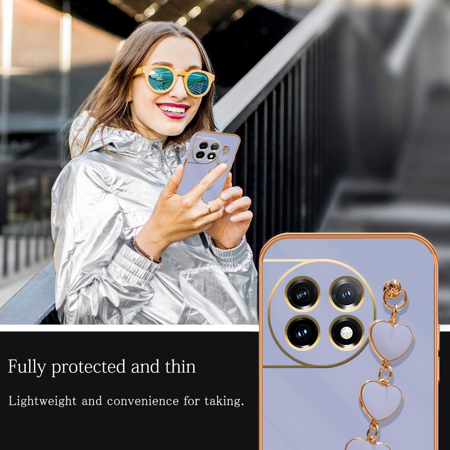 Jancyu Compatible with Oneplus 11 Case Silicone,Shockproof Phone Case for Oneplus11 with Strap Love Slim Protective Accessories Cute Cover for Women Girls (Smoke Purple)  Jancyu   