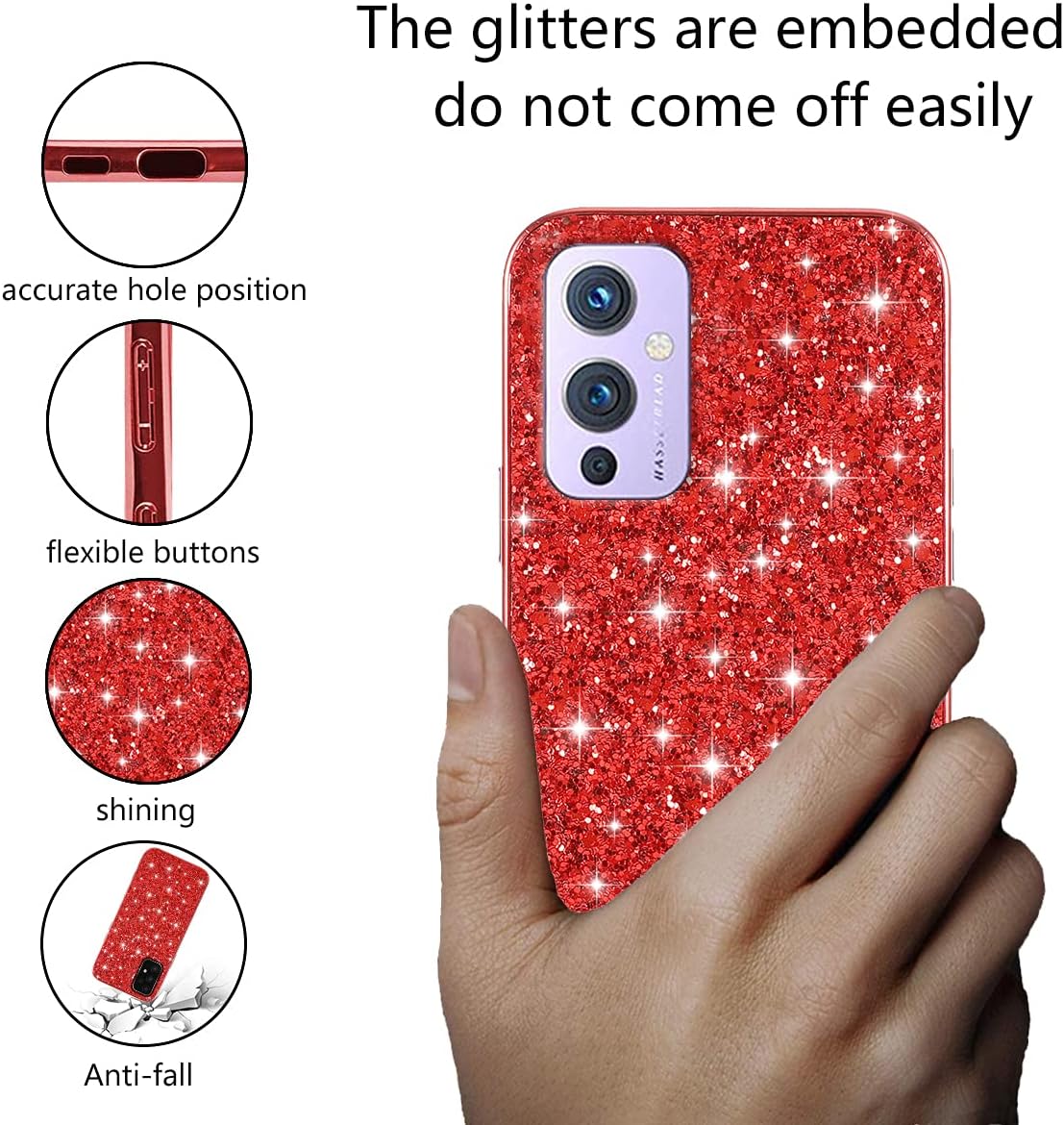 Compatible with Oneplus 9 Case Glitter Shockproof,Oneplus 9 Phone Case Bling Sparkly Soft TPU and PC Silicone Shiny Girl Women Thin Protective Cover (Red)  Wousunly   