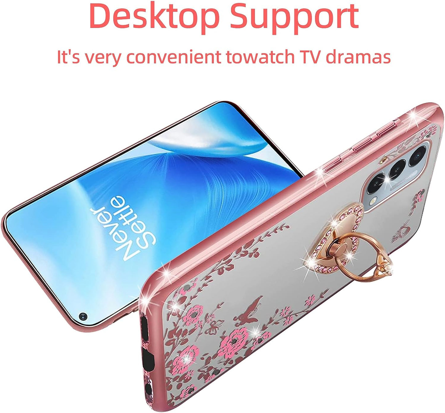 Kudini for Oneplus Nord N200 5G Case for Women Glitter Crystal Soft TPU Bling Cute Butterfly Heart Floral Clear Protective Cover with Ring Kickstand+Strap for Oneplus Nord N200 5G (Rose Gold)  KuDiNi   